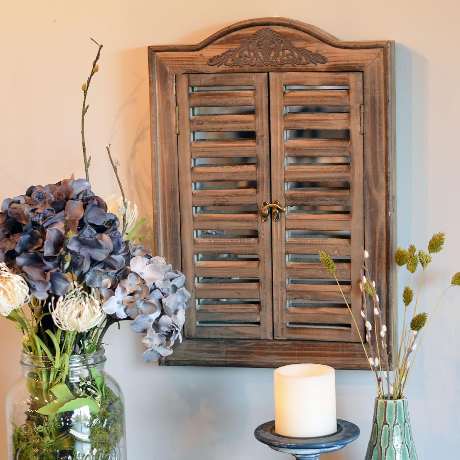 French Country Style Rustic Window Mirror with Shutters, Sustainable Wood, Approx. 18 Inches High, Distressed Gray Wash with Vintage Style Metal Decoration