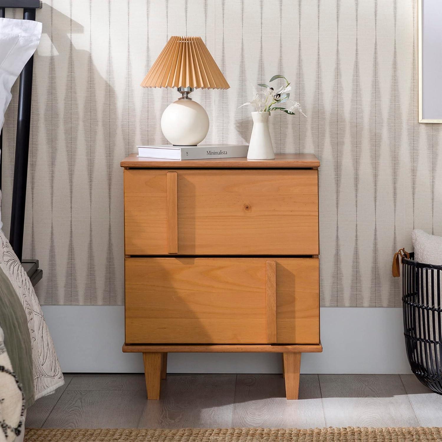 Walker Edison 20” Contemporary Vertical Drawer Pulls Solid Wood Nightstand, Caramel