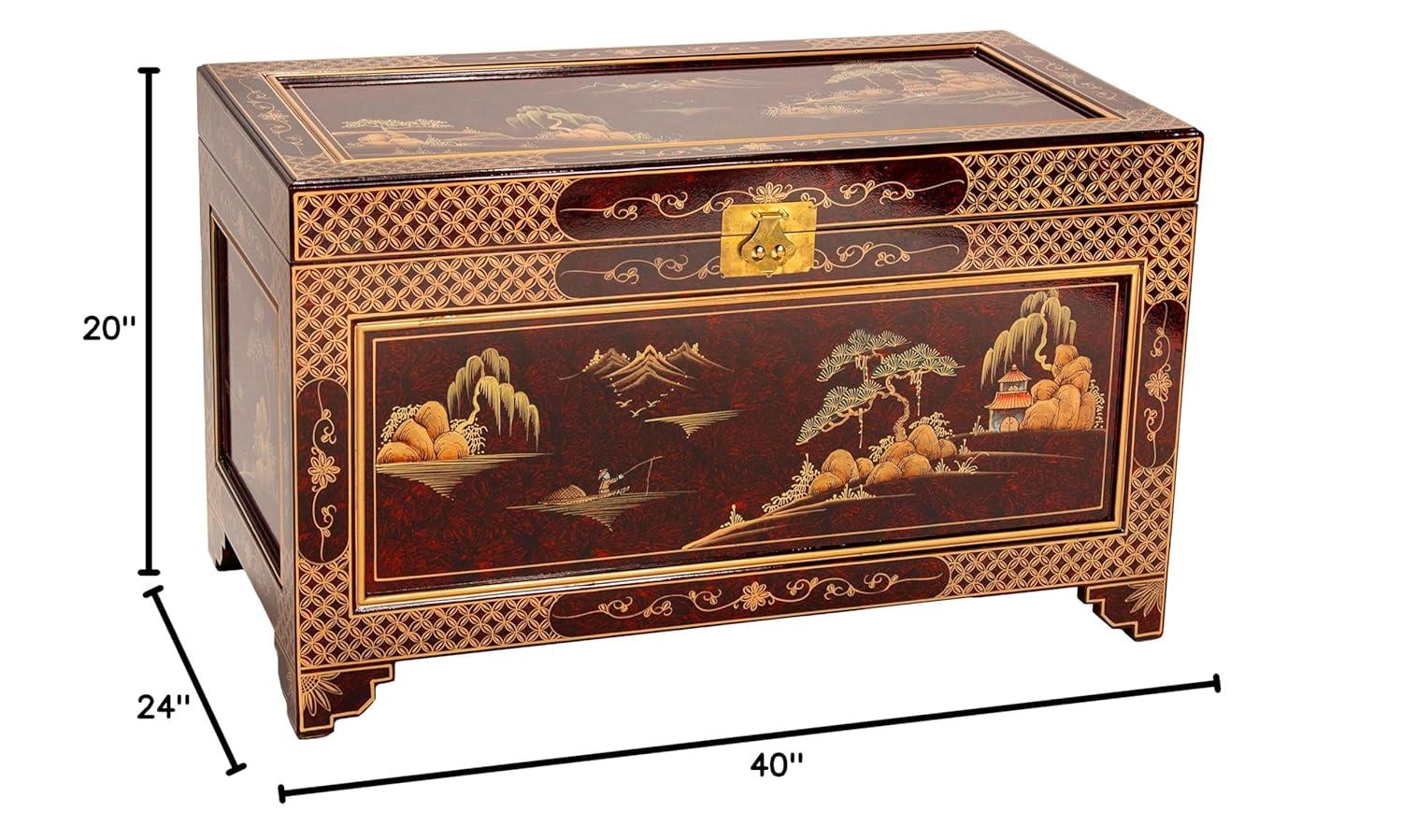 Oriental Furniture Red Lacquer Trunk - Landscape