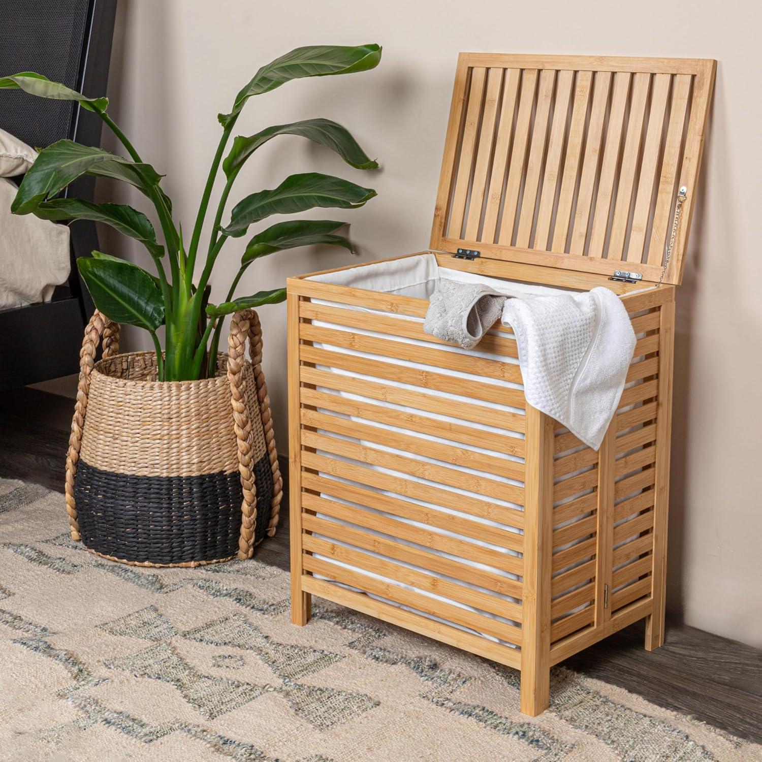 Natural Bamboo Collapsible Laundry Hamper with Lid and Cotton Bag