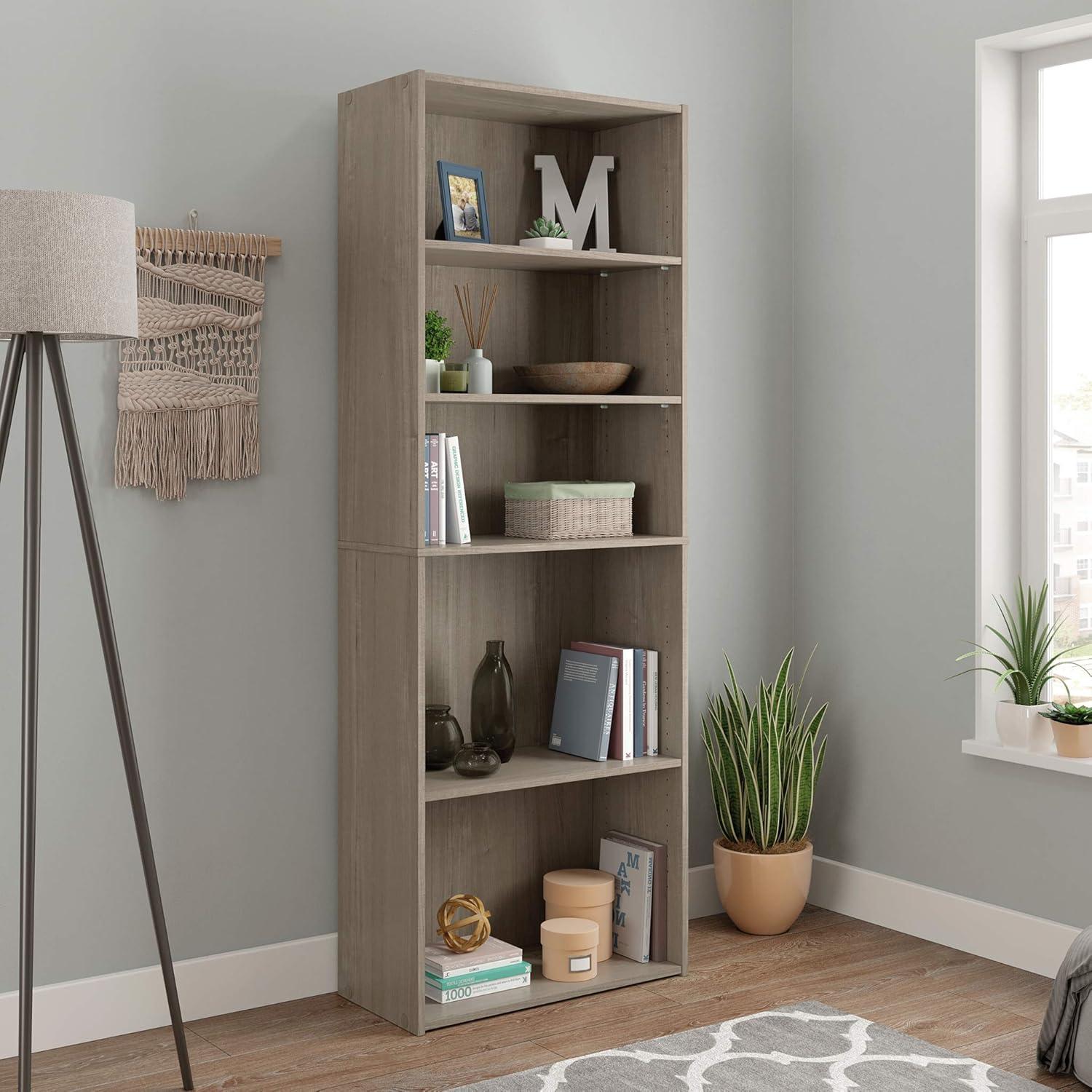 Silver Sycamore Tall Adjustable 5-Shelf Wood Bookcase