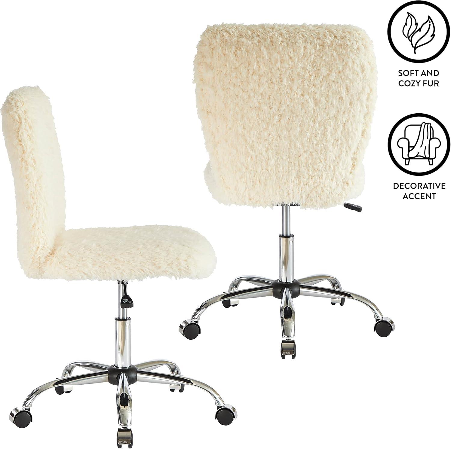 Urban Shop Polyester Faux Fur Armless Swivel Task Office Chair, White, Adjustable Height, Mid Back
