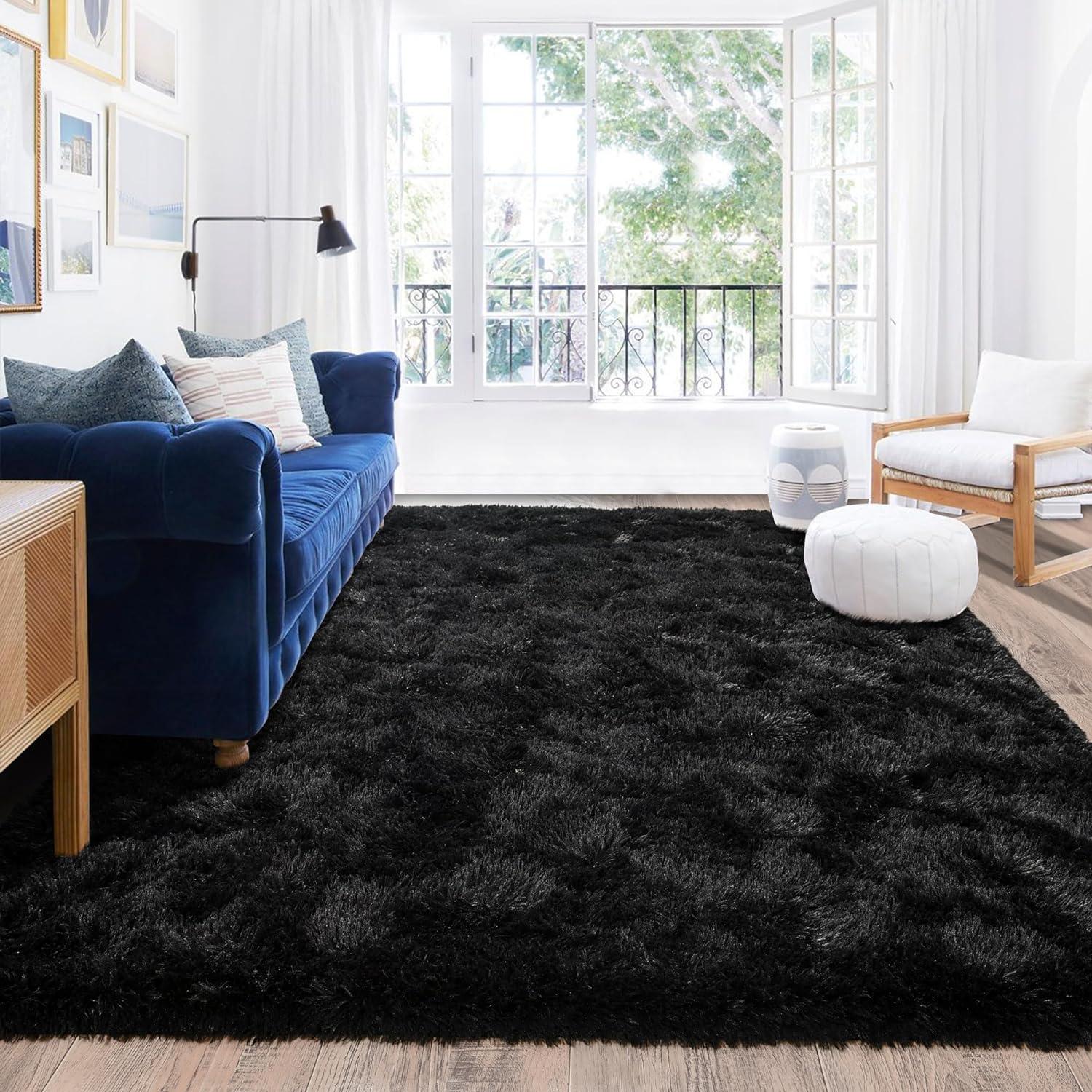 Fluffy Area Rug, Modern Abstract Fluffy Area Rug Indoor Soft Area Rug Faux Area Rug for Bedroom Living Room,Black,8' x 10'