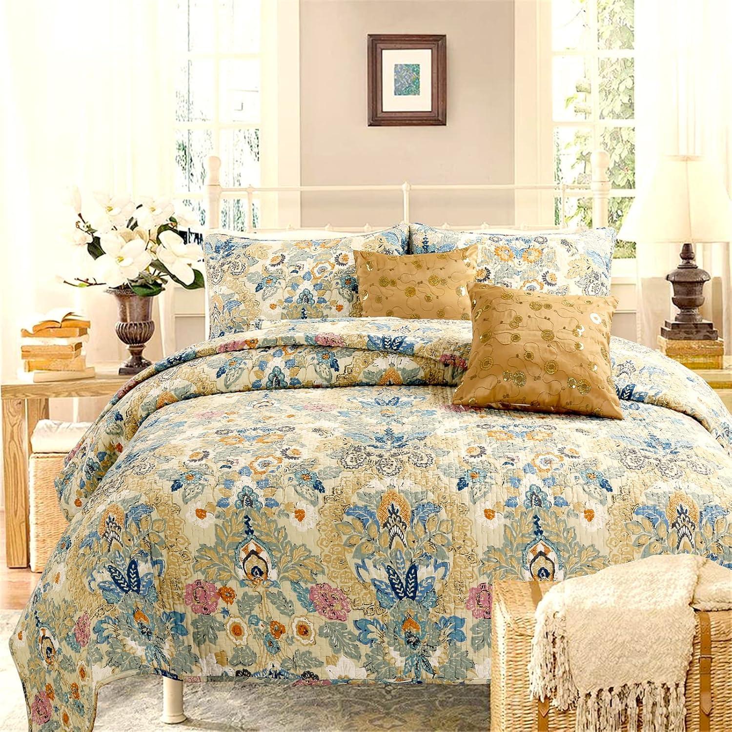 Cozy Line Home Fashions Luxury Classic Bedding Quilt Set, 100% Cotton Beige Blue Floral Pink Flower Bohemian Style Reversible Bedspread Coverlet (Art Painting, King - 3 Piece)