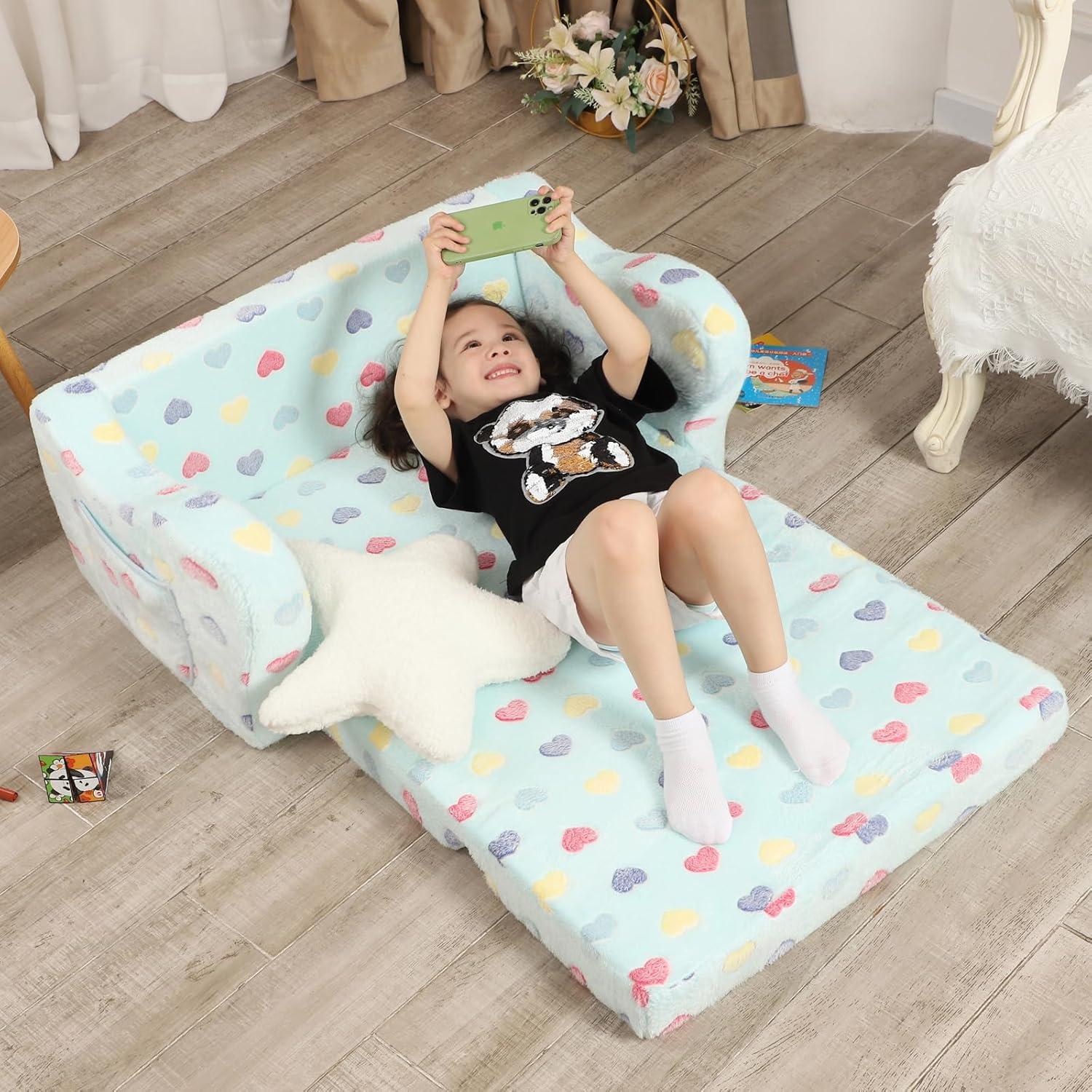 Extra Wider Seating Toddler Couch, 2-in-1 Toddler Soft Couch Fold Out with Star Pillow, Convertible Sofa to Lounger for Girls and Boys