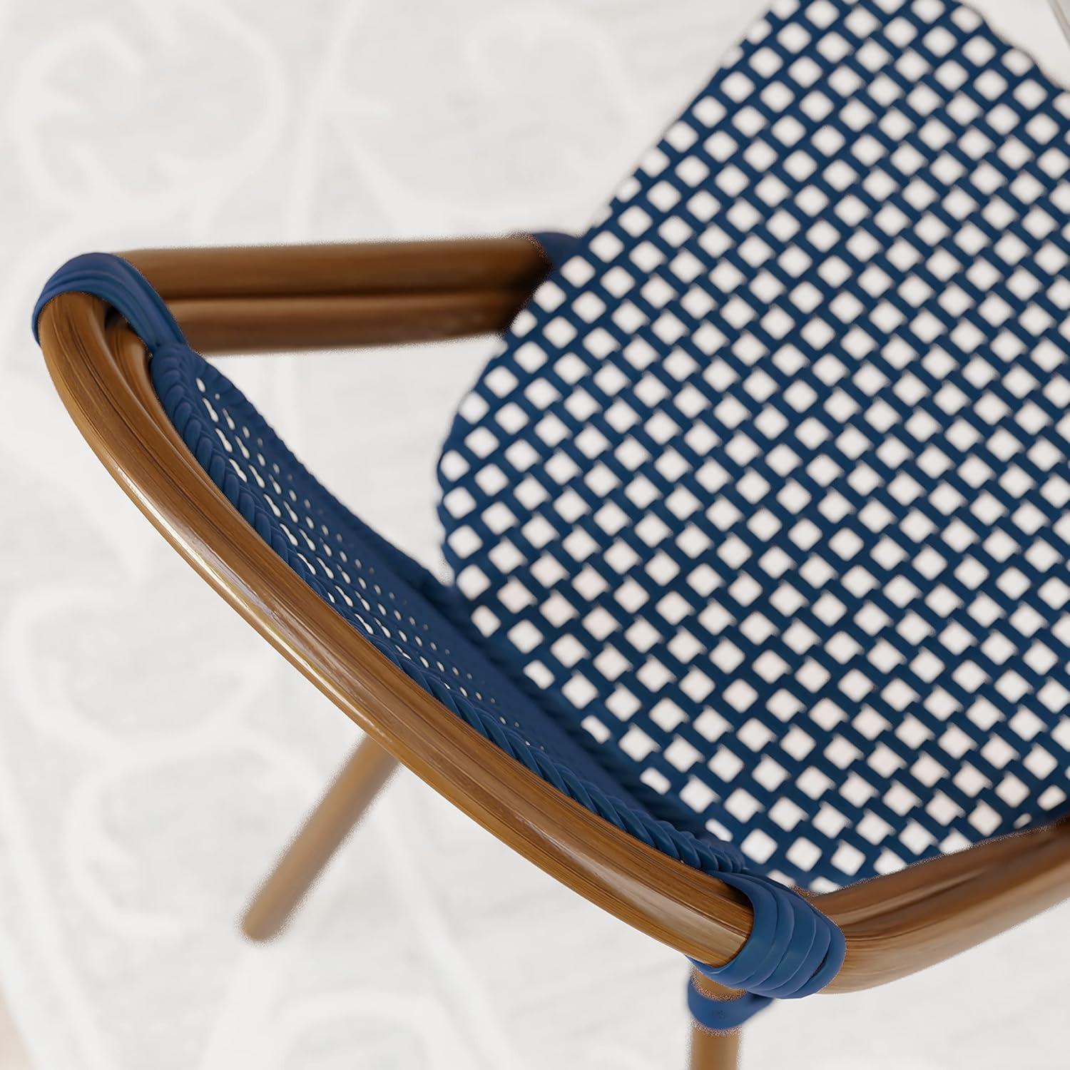 Emma & Oliver Soie Set of Two Stacking Bistro Chairs with Navy and White PE Seat and Back and Bamboo Finished Aluminum Frame for Indoor/Outdoor Use