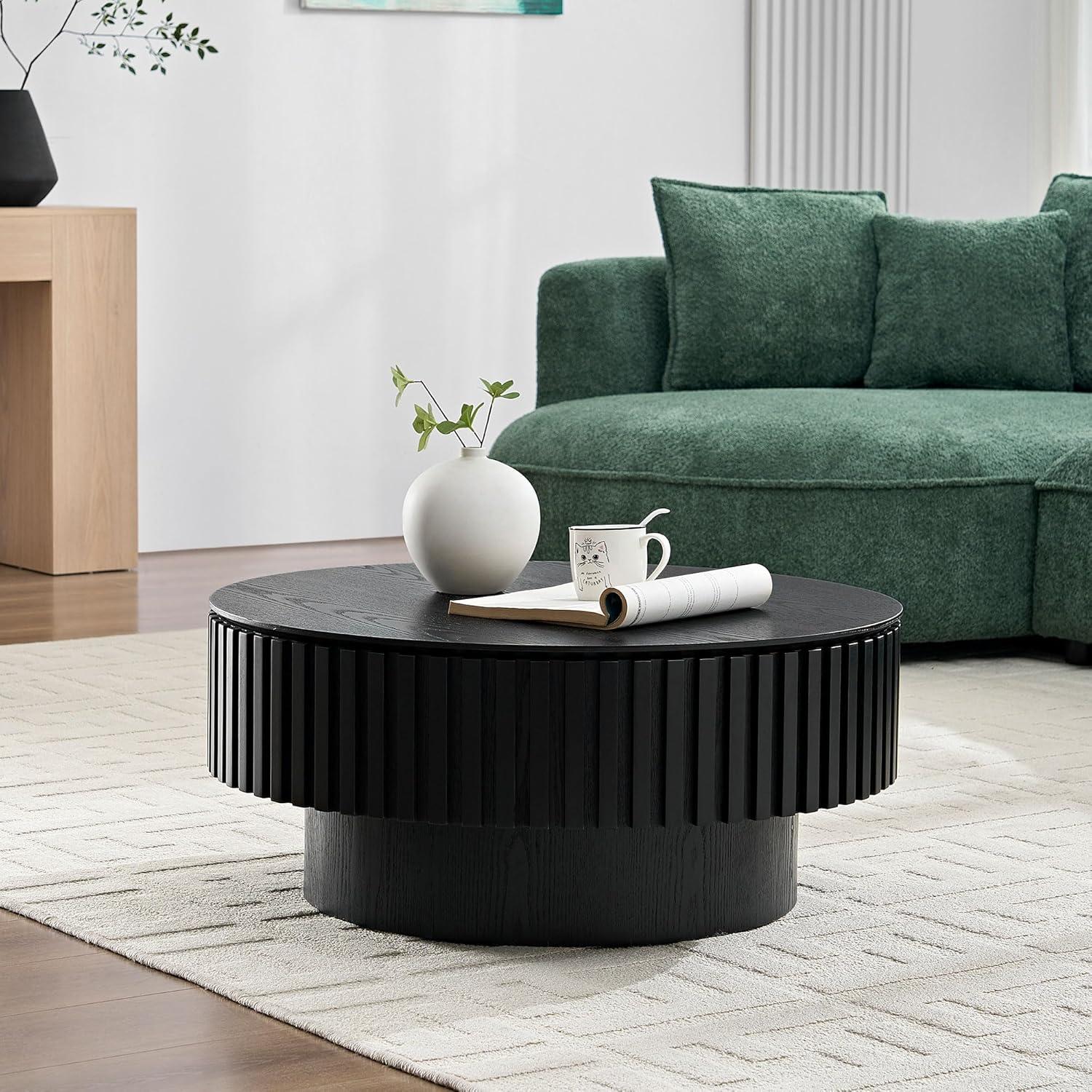 LUMISOL Round Coffee Table for Livng Room, Modern Handcraft Drum Center Table with Sturdy Pedestal, Fluted Circle End Table for Office, Apartment, Small Space, Black