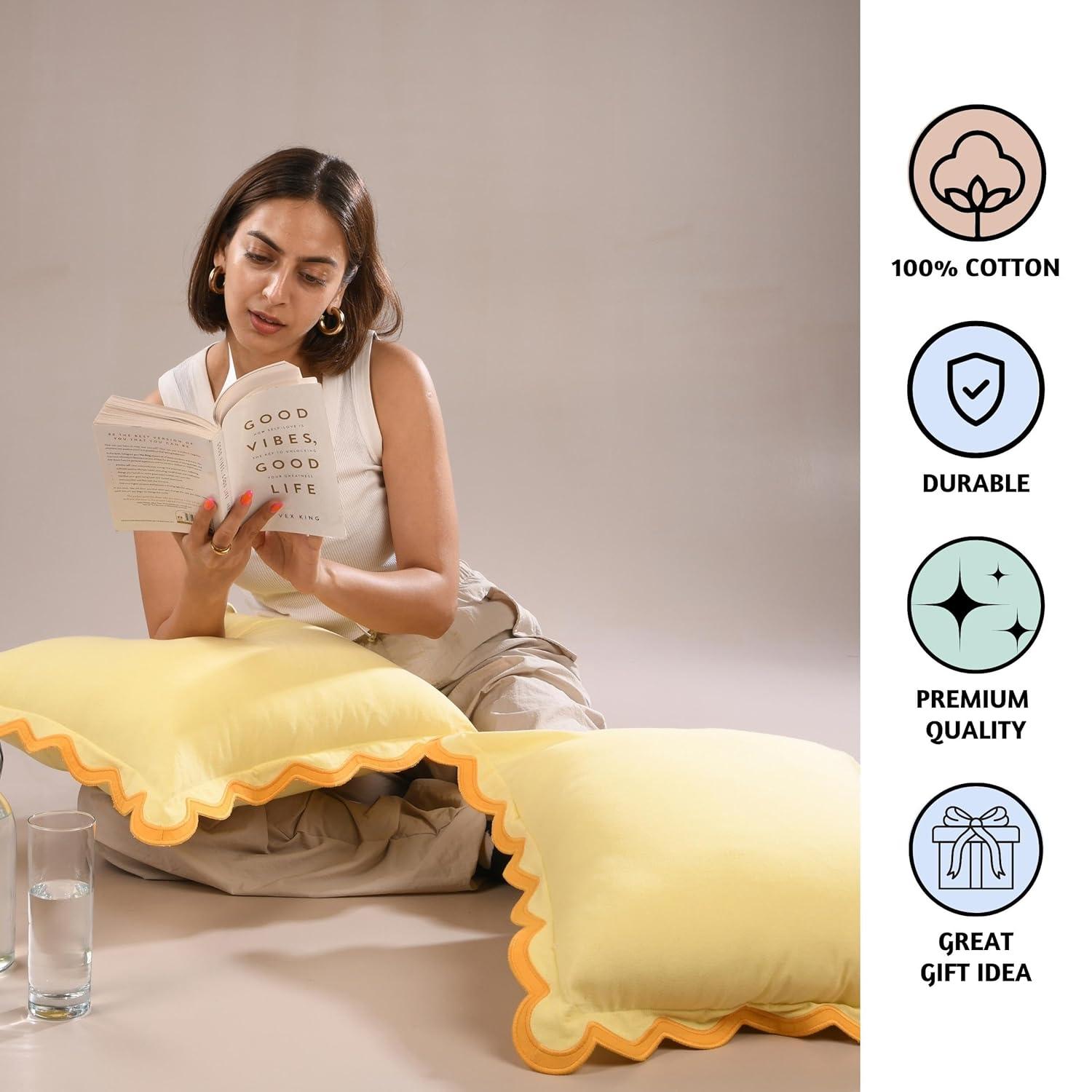 Folkulture Throw Pillow Cover Scallop Embroidery Oasis Set of 2 (18 x 18 Inch) - Lemon Zest