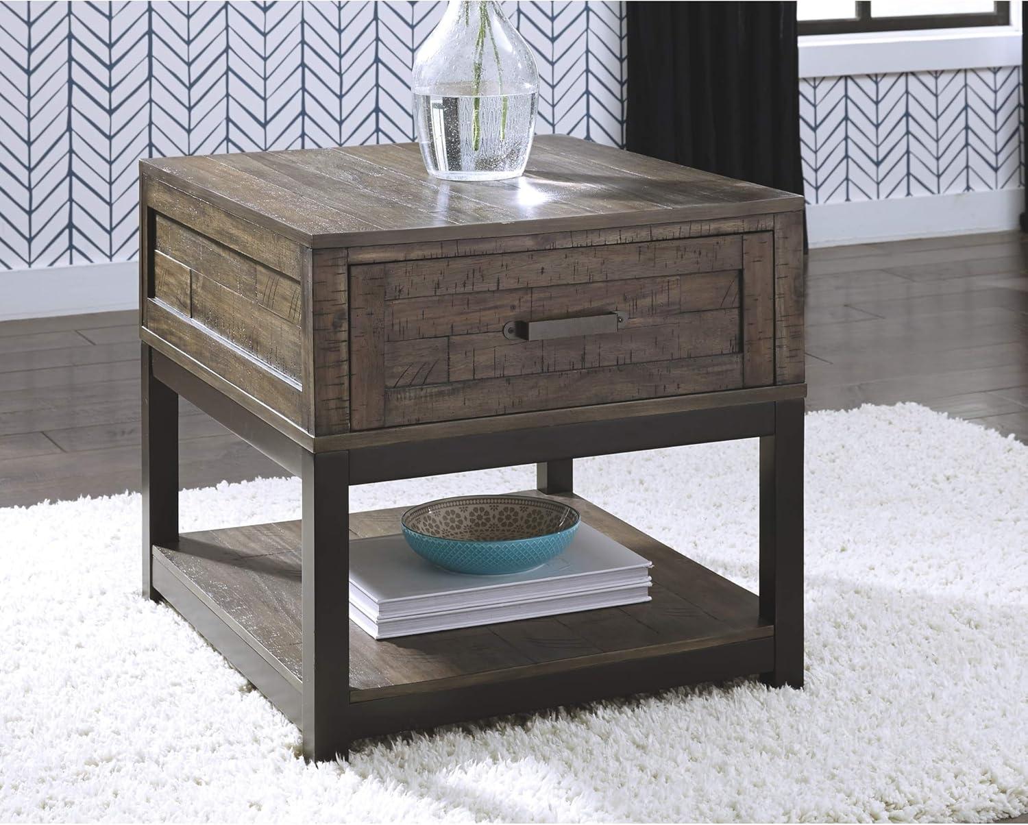 Rustic Brown and Black Rectangular Wood End Table with Storage