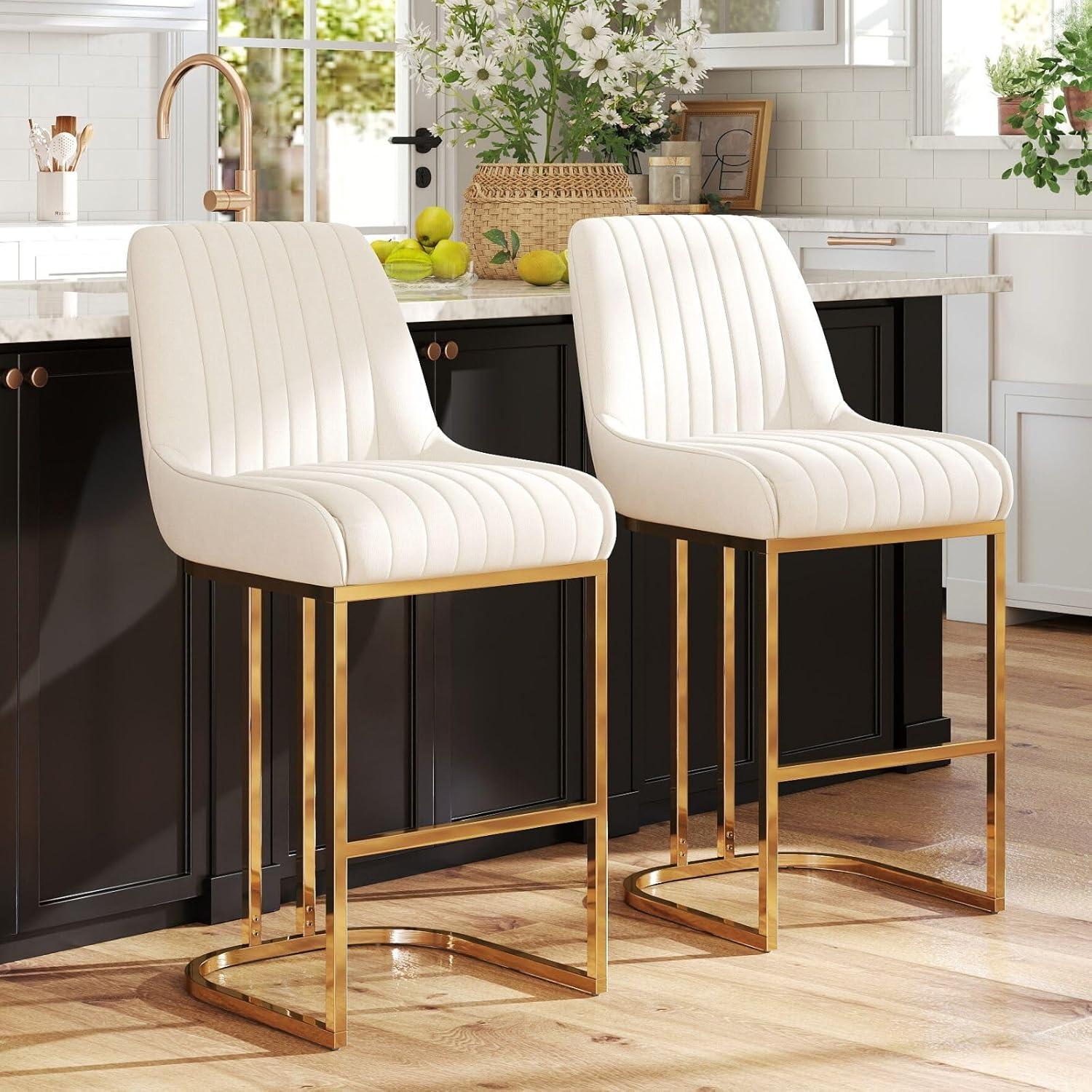 Counter Height Stools Set of 2, Velvet Bar Stools with 27 Inches Upholstered Seat Height, Handmade Woven Back Armrest, Sturdy Golden Metal Legs for Home Dining Pub Kitchen Island, Beige