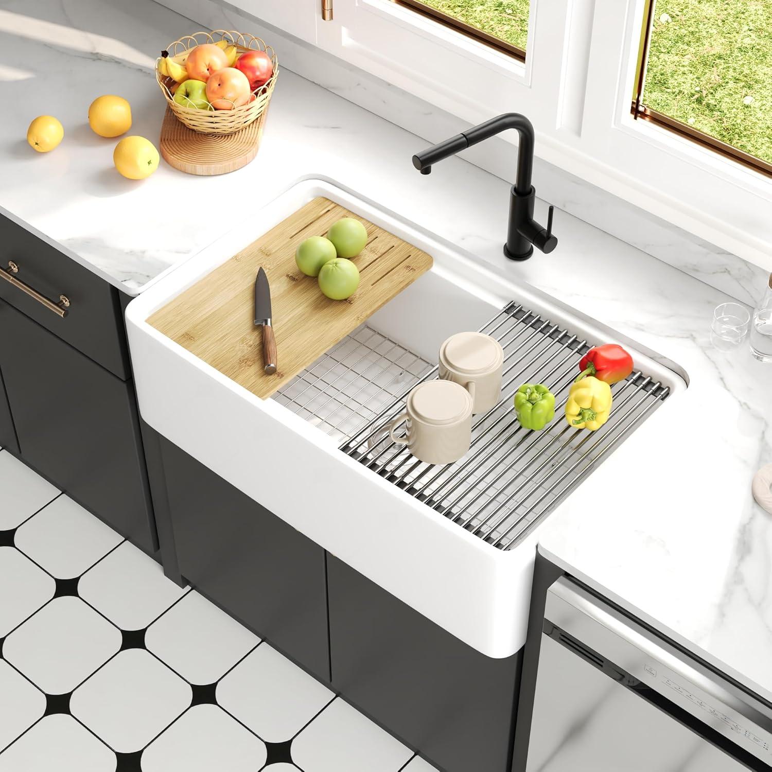 Pure 33 in. Workstation White Kitchen Sink Apron Front Fireclay Farmhouse Sink Single Bowl with Accessory Kit