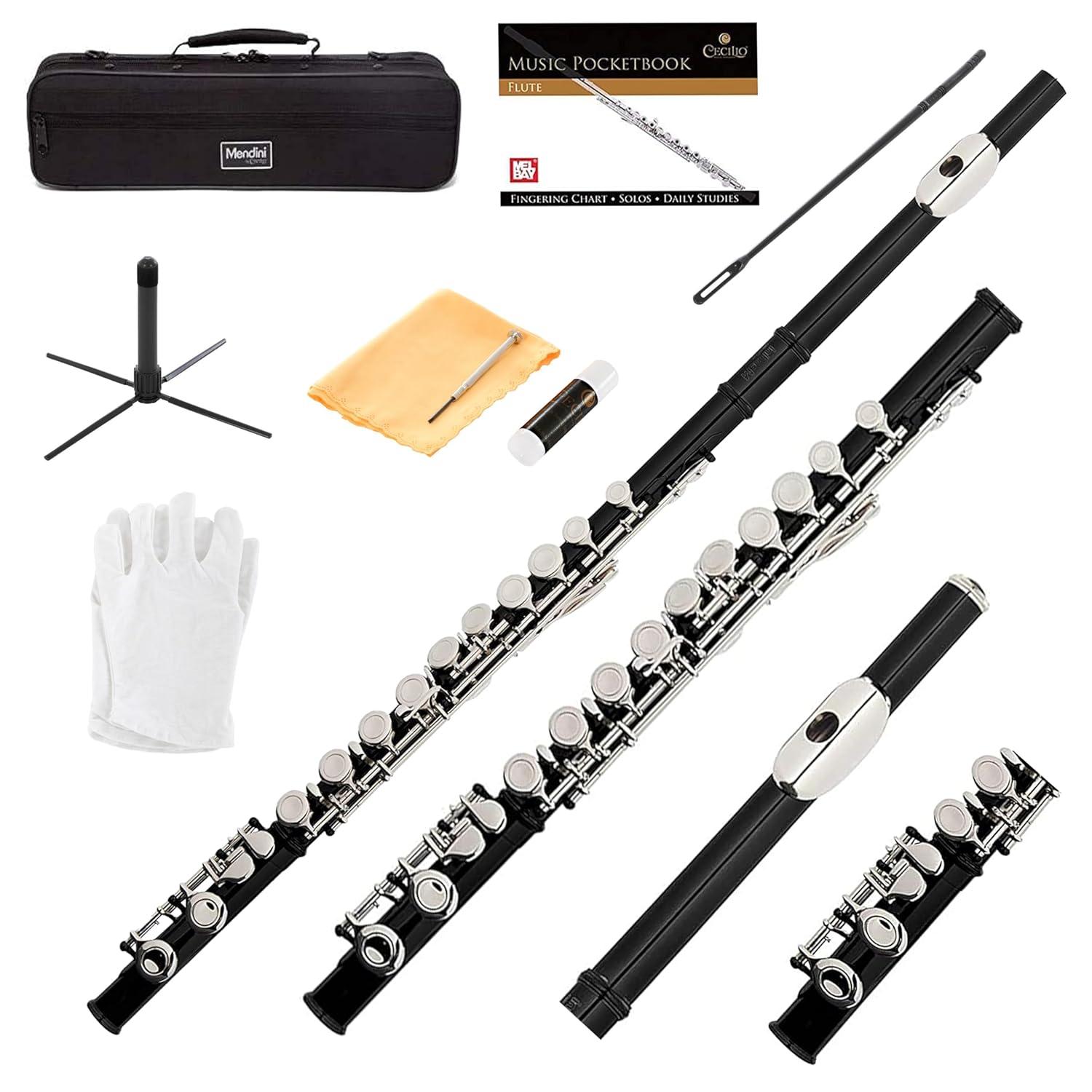 Mendini By Cecilio Flute, 16 Keys C Flute Instrument Closed Hole For Beginners with Carrying Case, Cork Grease, Stand, Lesson Book, Cleaning Kit, Gloves (Black)