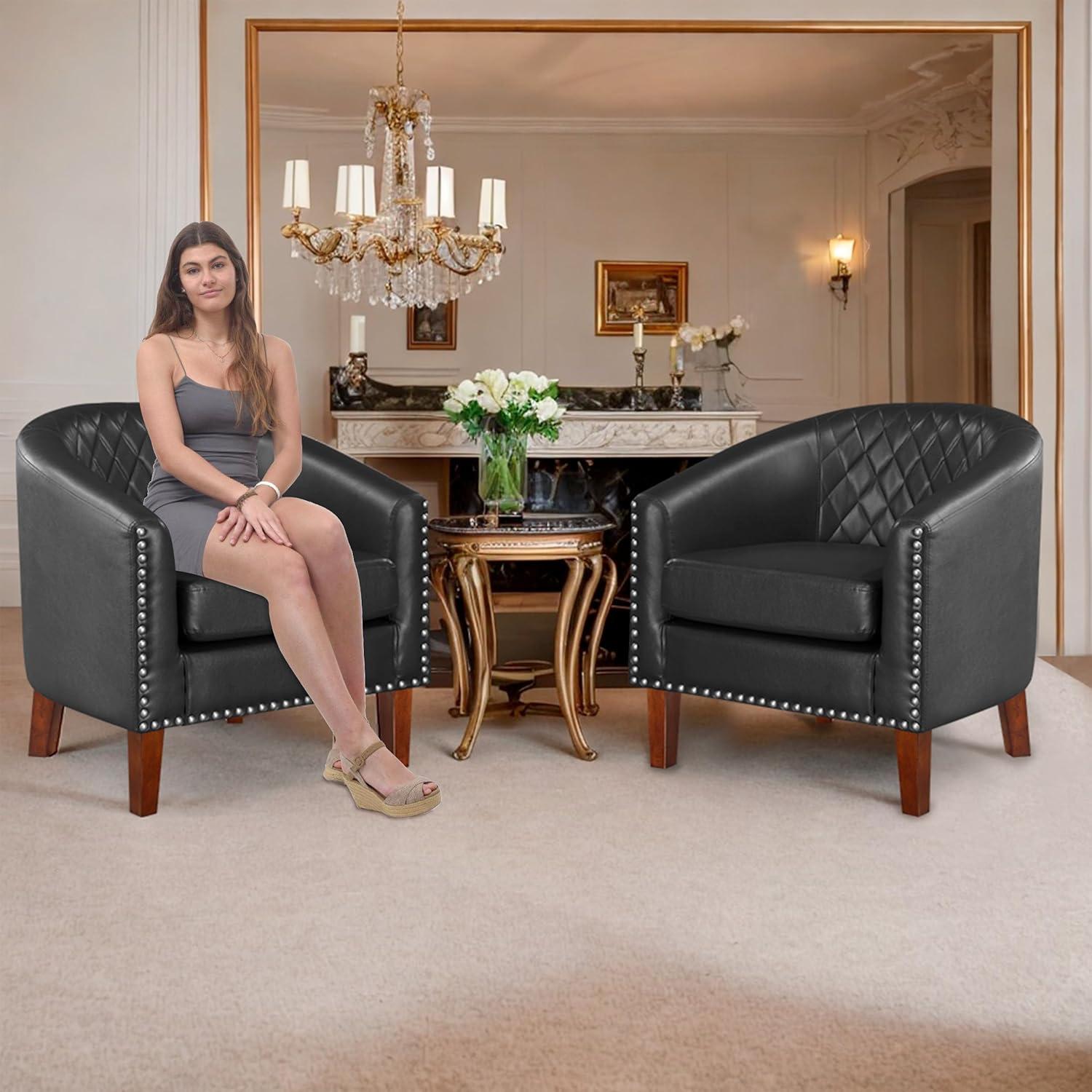 Prilinex Comfy Barrel Accent Chair Set of 2 - Faux Leather Living Room Chair Club Chair with Cushion, Diamond Grid Backrest & Nailhead Trim, Guest Chair for Office, Bedroom & Waiting Room, Black