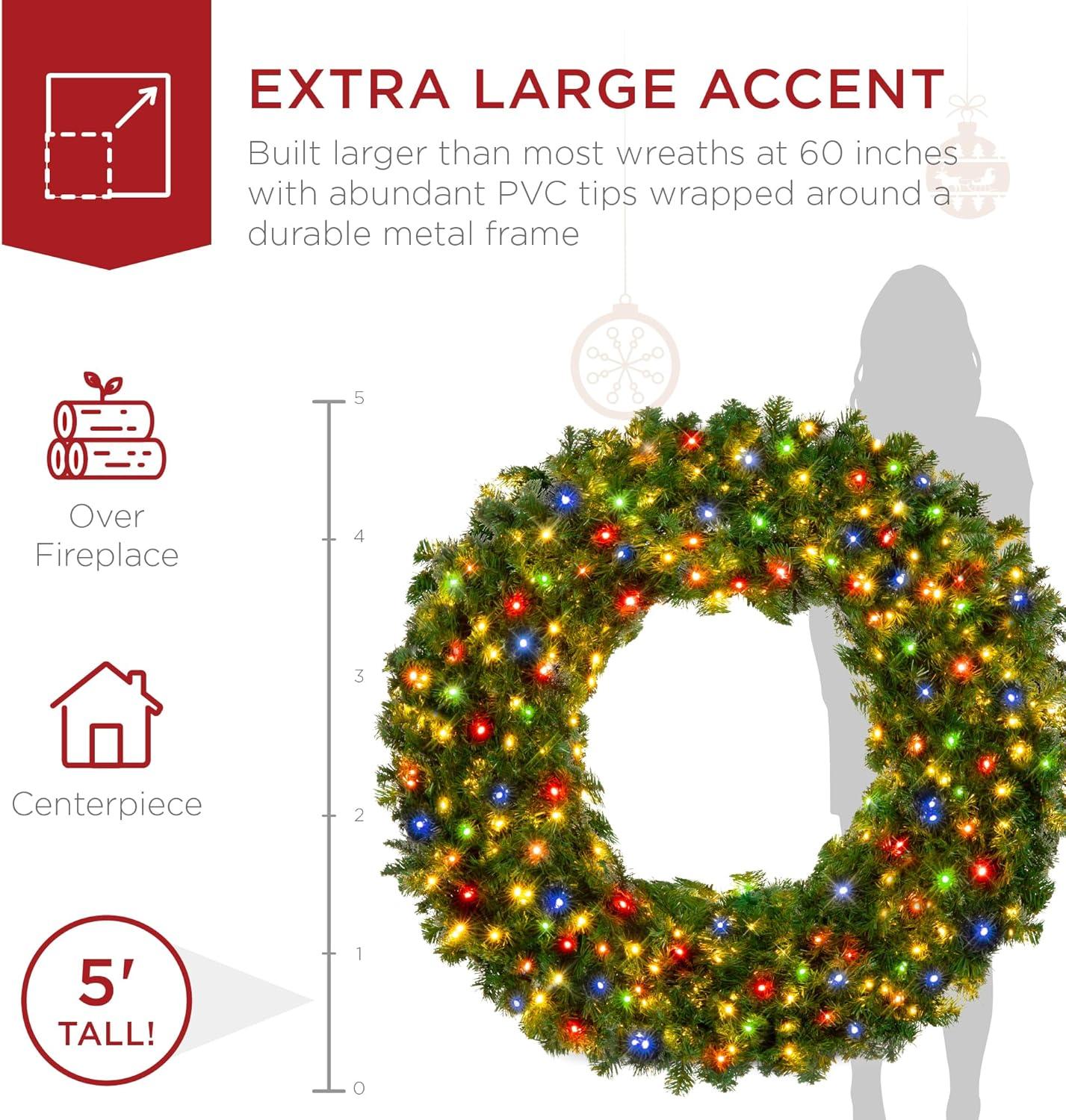 Best Choice Products Artificial Pre-Lit Fir Christmas Wreath Decoration w/ Multicolor Lights, Tips