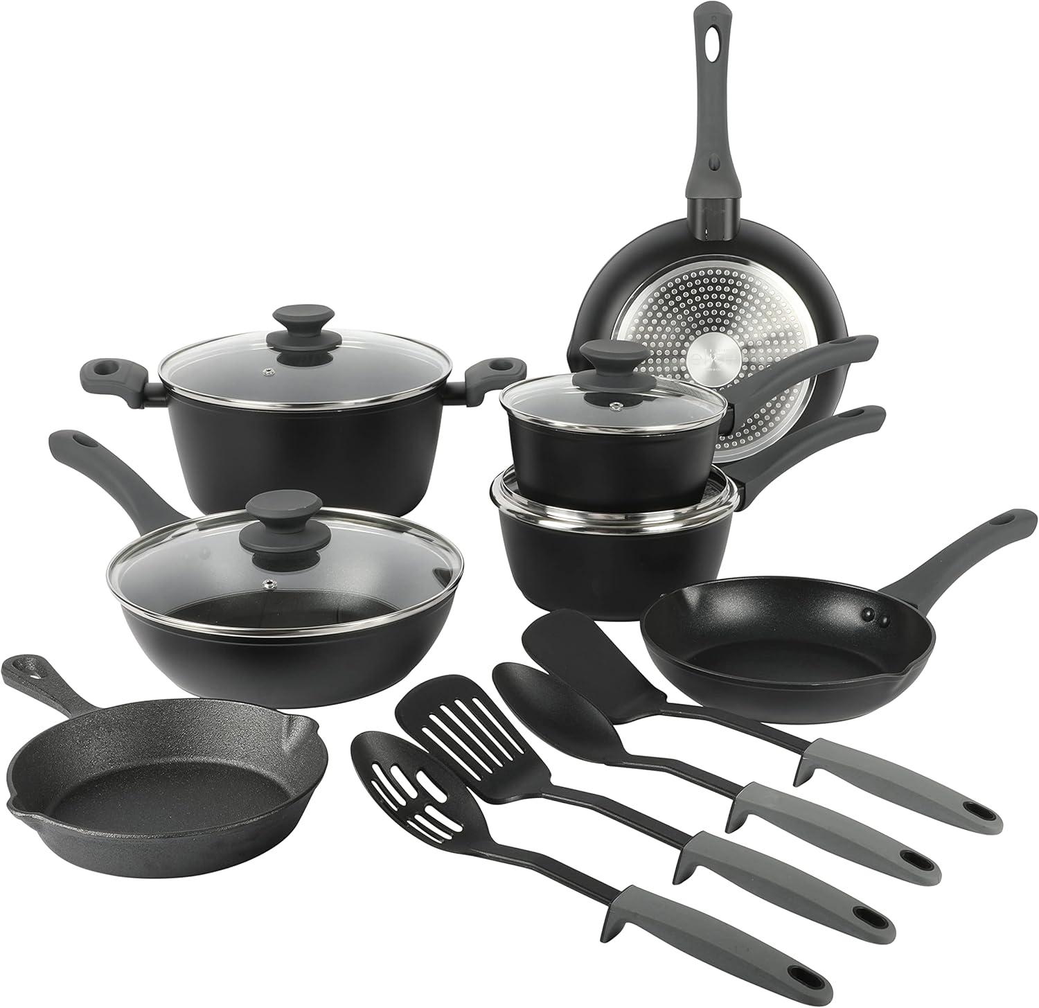 Gibson Elite Soho Lounge 15 Piece Non Stick Cookware Combo Set in Black