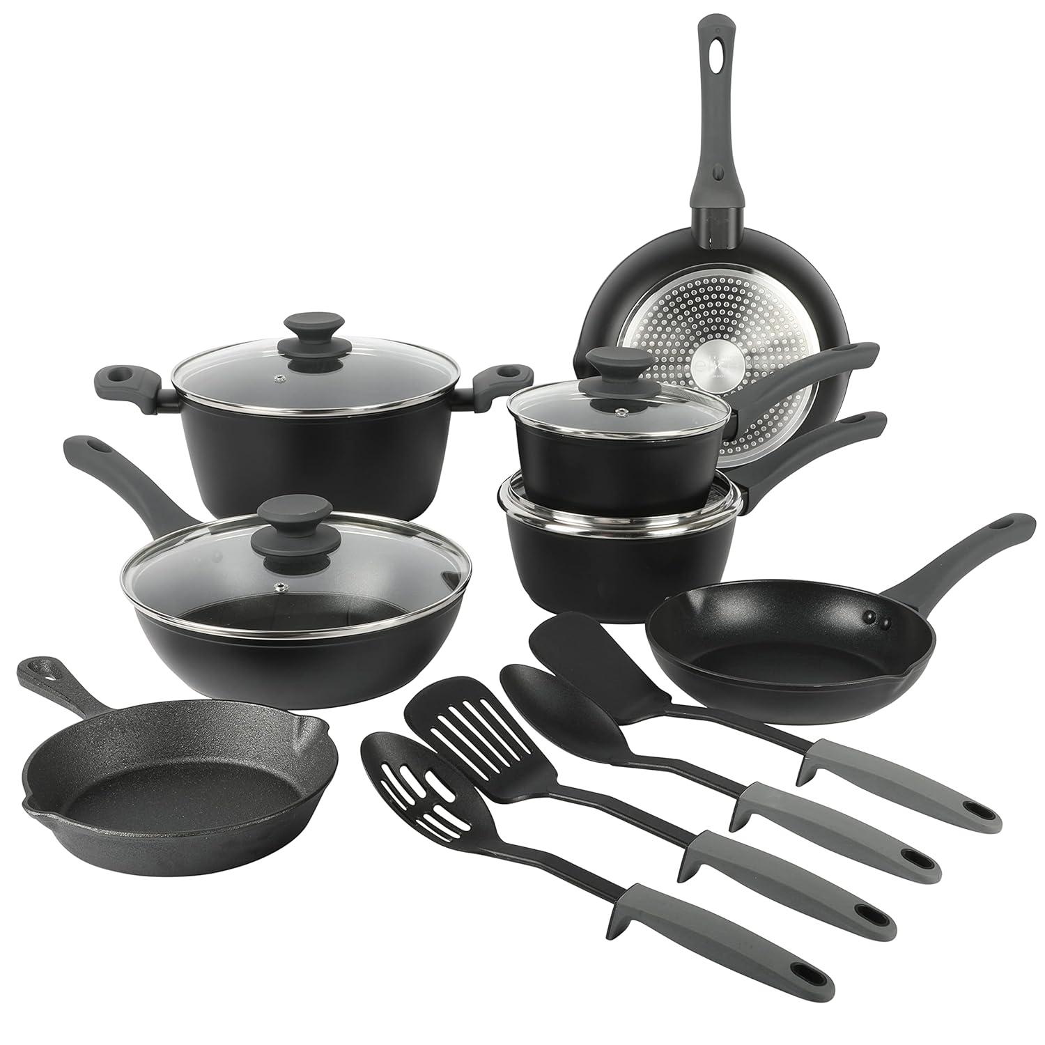 Gibson Elite Soho Lounge 15 Piece Non Stick Cookware Combo Set in Black