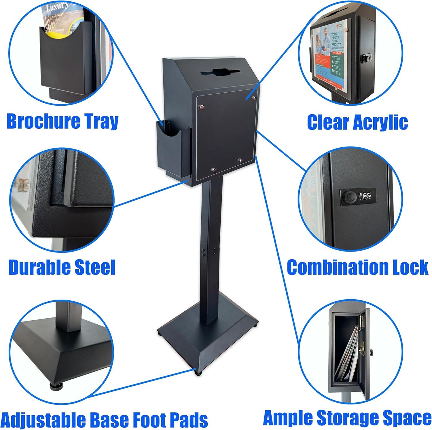 Suggestion Box with Stand,Floor Standing Offering Box,Metal Combination Lock Ballot Collection Safe Box for Voting,Charity,Donation,Church,Election,Hospital Feedback,and Car Rental Key Return, Black