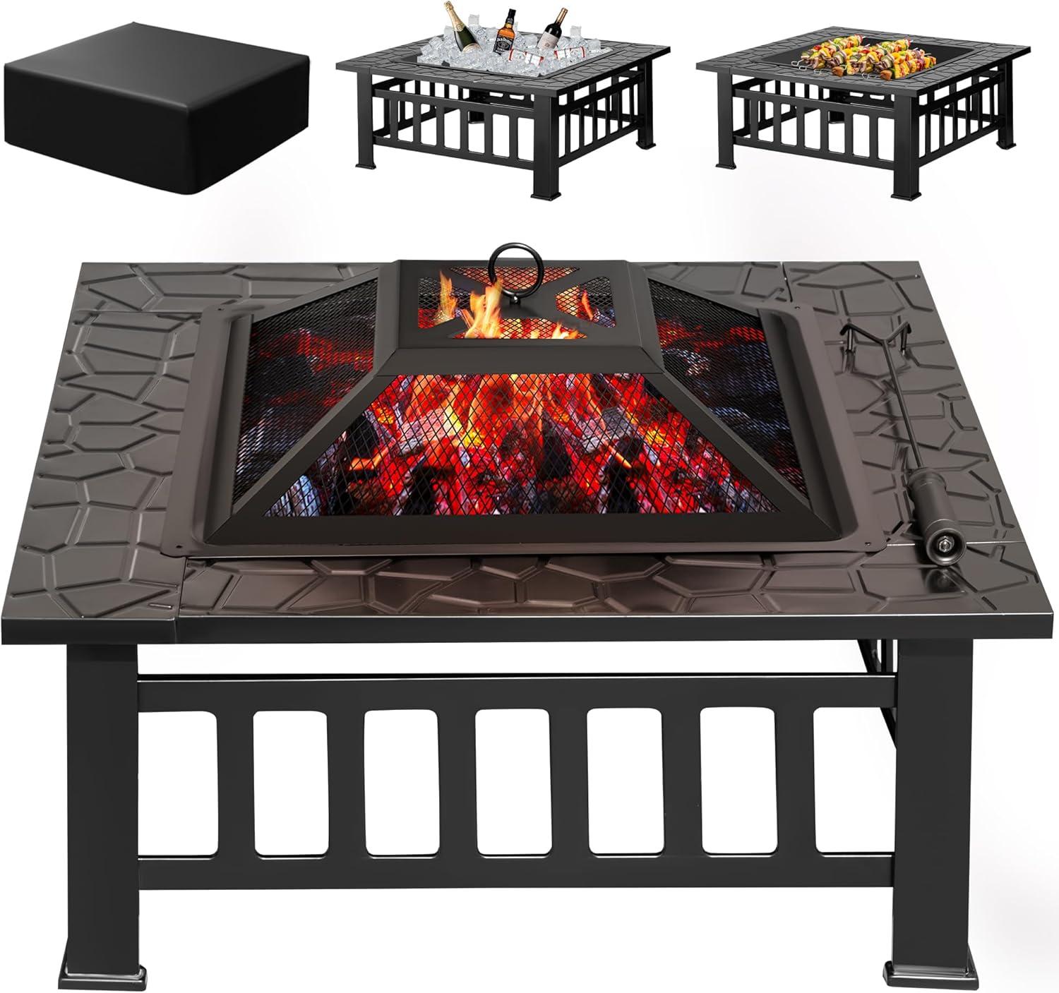 Black Steel 32'' Square Multi-Functional Fire Pit Table