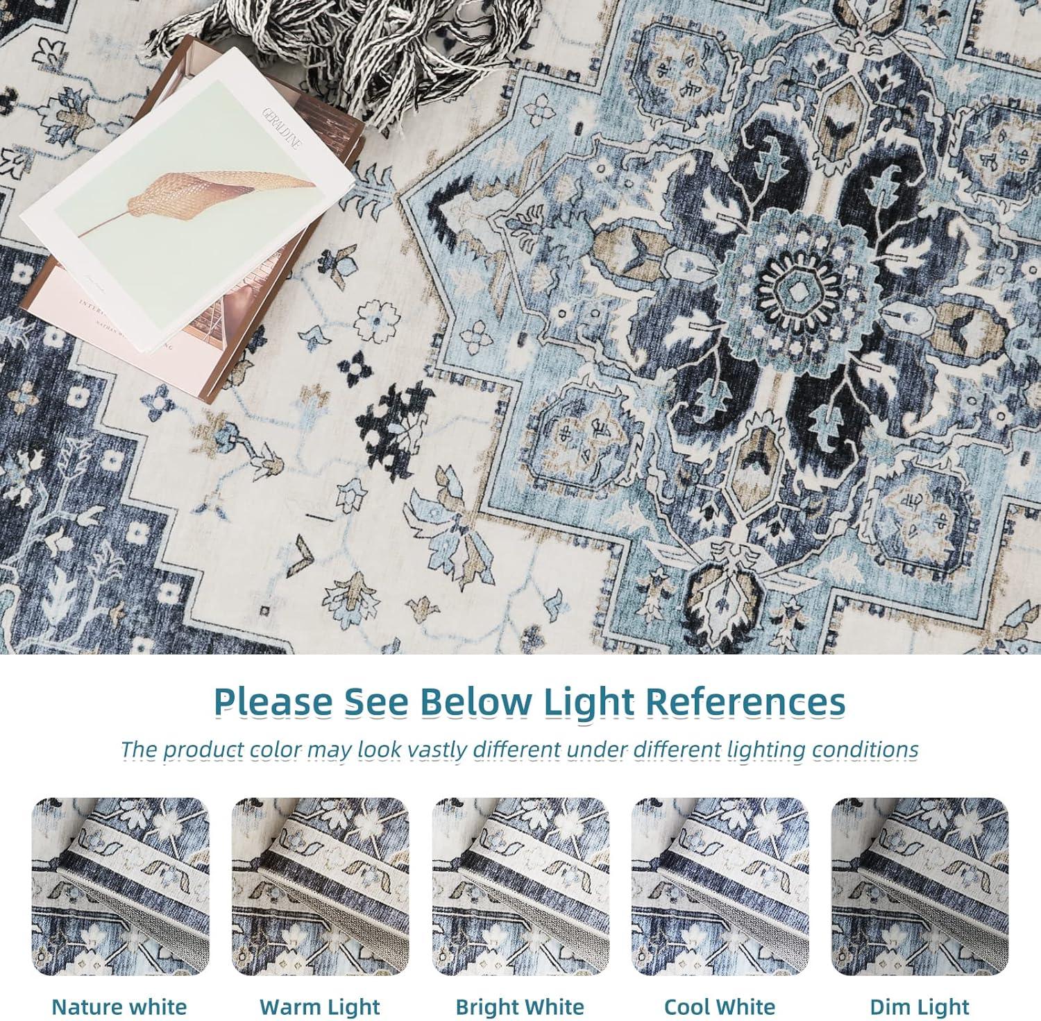 Garvee 9x12 Large Area Rug Washable Rug Vintage Floral Printed Carpet Boho Chenille Floor Cover Non-Slip Soft Foldable Thin Rug Home Decor, Blue/Beige