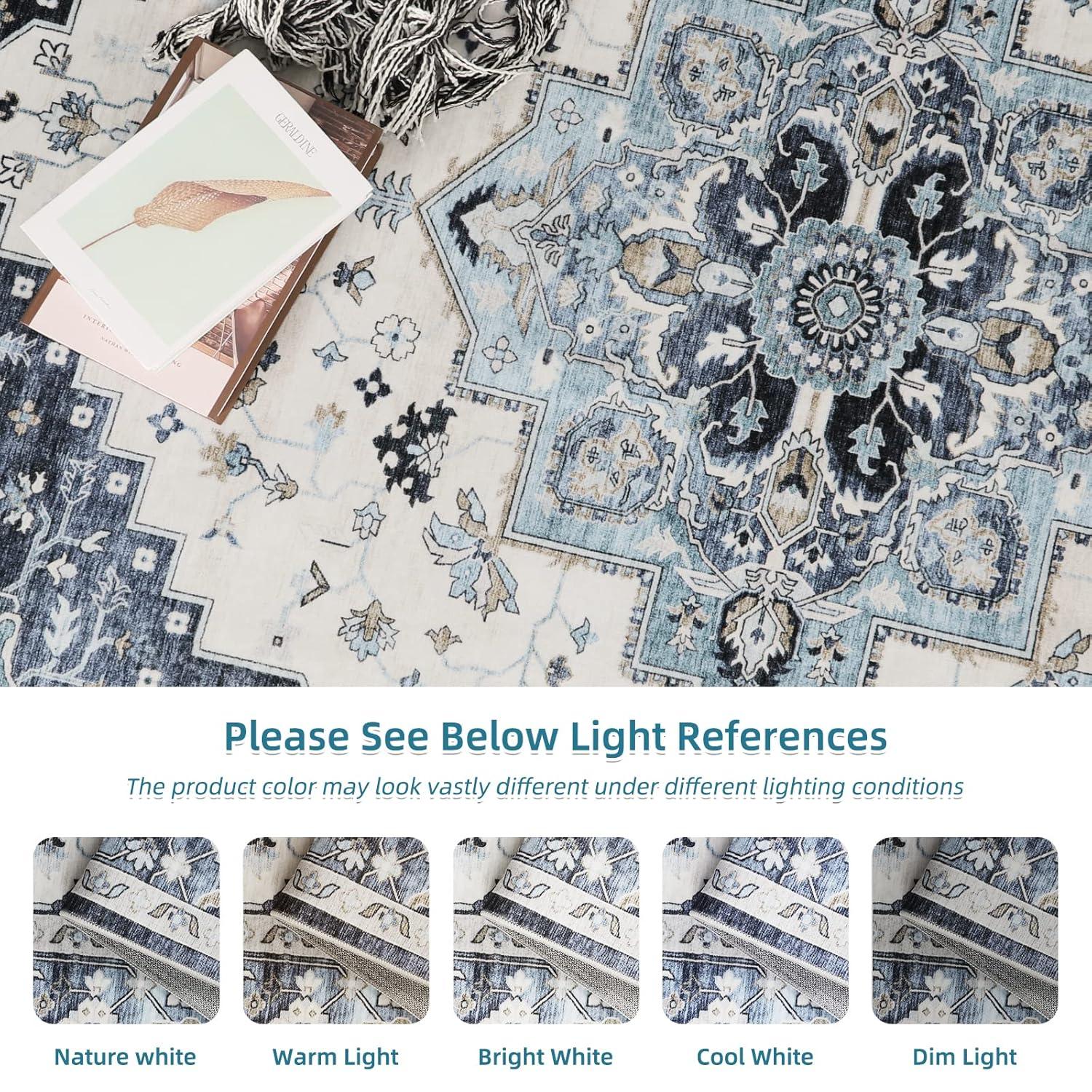 Garvee 9x12 Large Area Rug Washable Rug Vintage Floral Printed Carpet Boho Chenille Floor Cover Non-Slip Soft Foldable Thin Rug Home Decor, Blue/Beige