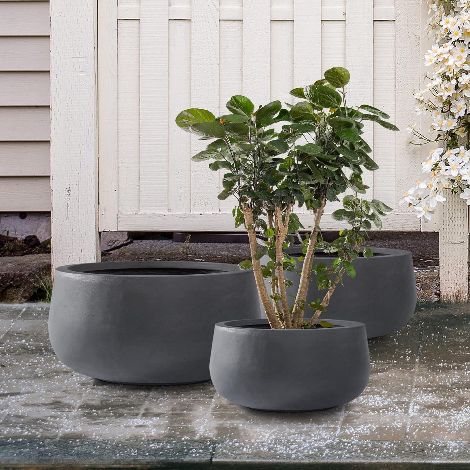 Charcoal Round Concrete Planters Set of 3 with Drainage Holes