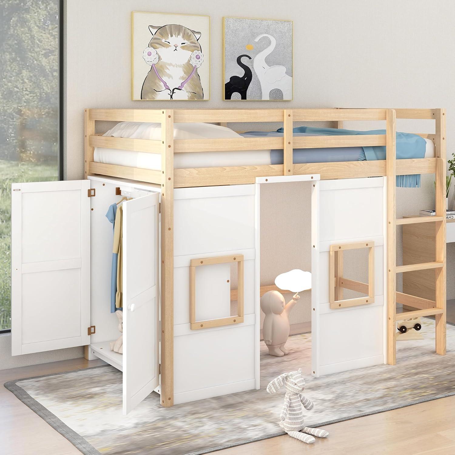 Merax Wood Loft Bed Twin Size with Storage Wardrobe, 2 Windows Design, for Teens, Boys & Girls, White