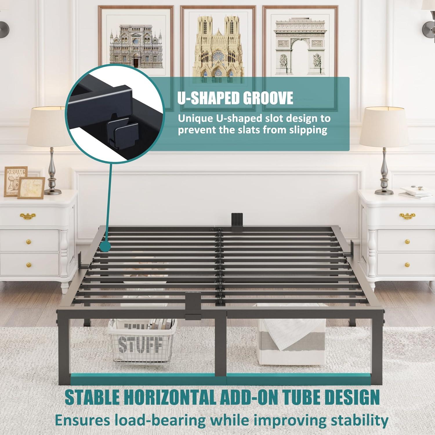 14 Inch Queen Bed Frame,3500 lbs Heavy Duty Metal Platform, Steel Slats Support/No Box Spring Needed/Noise Free/Non-Slip/Easy Assembly