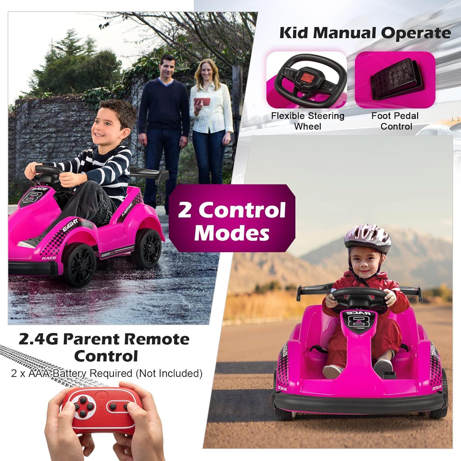 Costway 6V Electric Go Kart for Kids Electric Ride On Car w/ 2.4G Remote Control w/Soft Start Sound and Music Function Pink