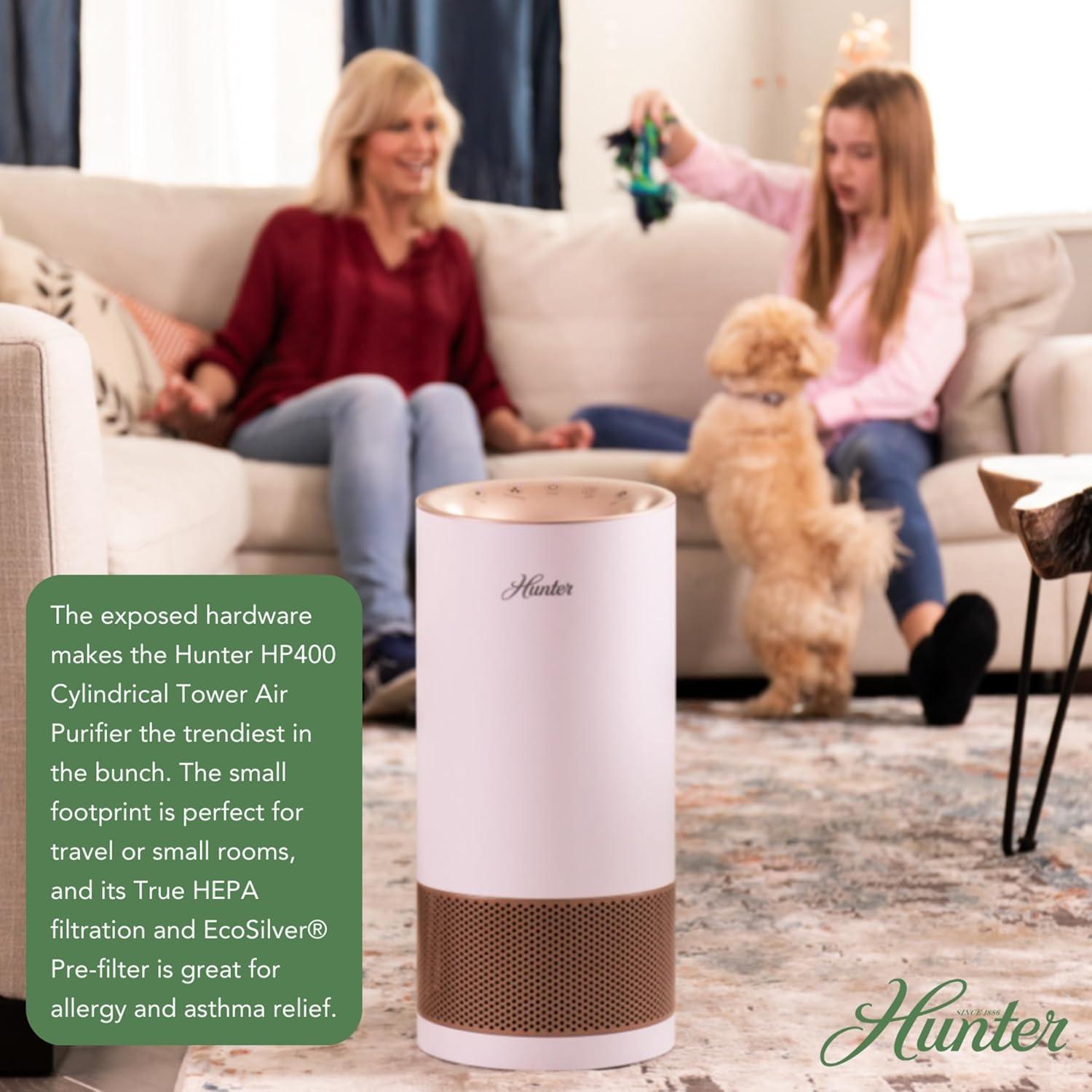 Hunter Fan Company HP400 Round Tower Air Purifier for Small Rooms, Featuring True HEPA Filtration and EcoSilver® Pre-Filter for Allergy and Asthma Relief