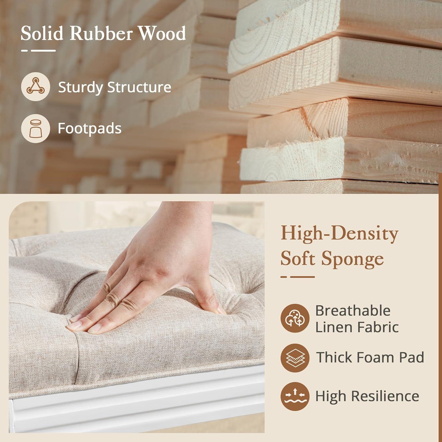 LUE BONA Upholstered Fabric Vanity Bench Seat, Makeup Stools for Vanity, Square Tufted Ottoman Bench with Carved White Legs for Bedroom Living Room, Linen Color