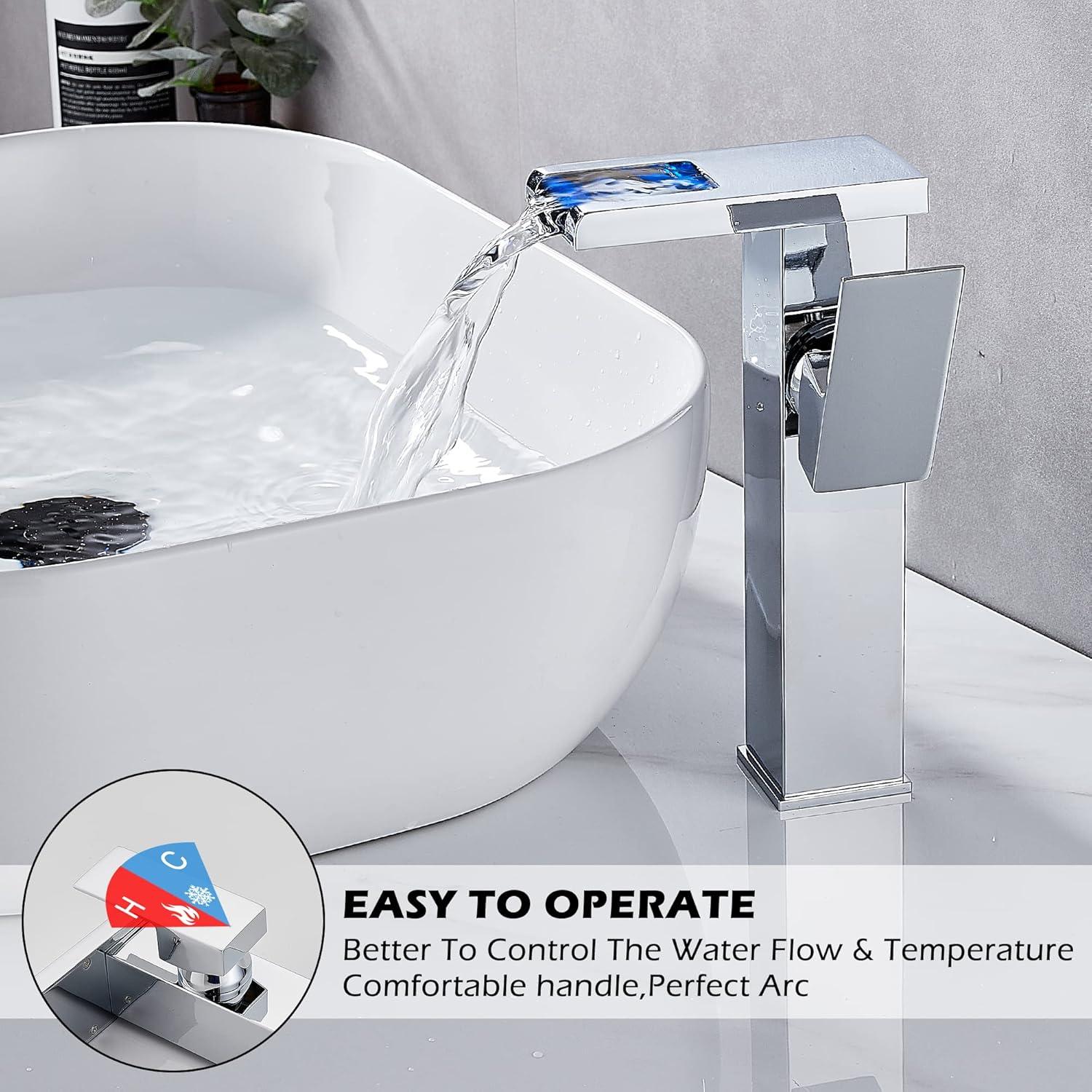 YCCUZA Y217H-C Single Hole Faucet Single-handle LED Bathroom Vessel Sink Faucet with Drain Assembly