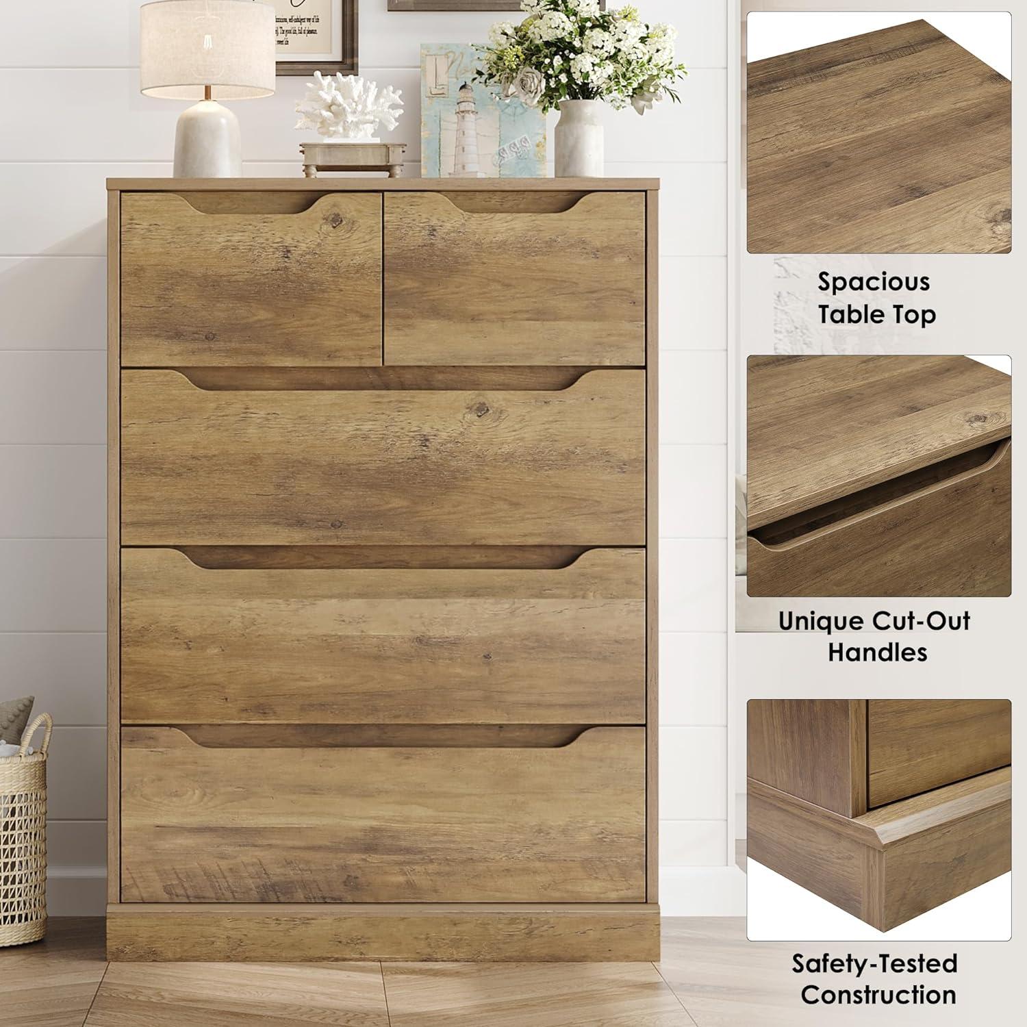 Homfa Dresser for Bedroom, Wood Storage Chest of 5 Drawers with Cutout Handles for Living Room, Rustic Brown