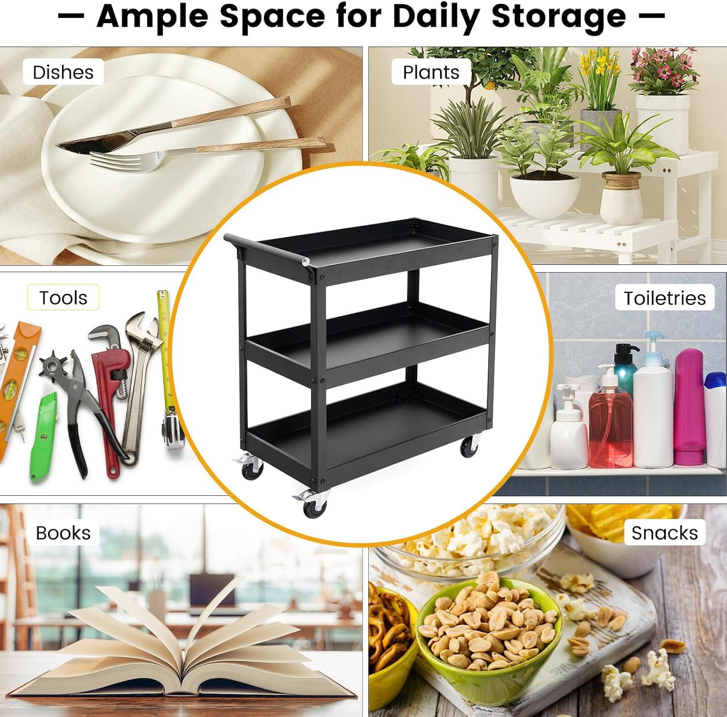 3-Tier Utility Cart, Heavy Duty Commercial Service Tool Cart w/Lockable Wheels, 330lbs Load Capacity, Ergonomic Handle, Rolling Mechanic Tool Cart Storage Organizer for Warehouse Garage Black
