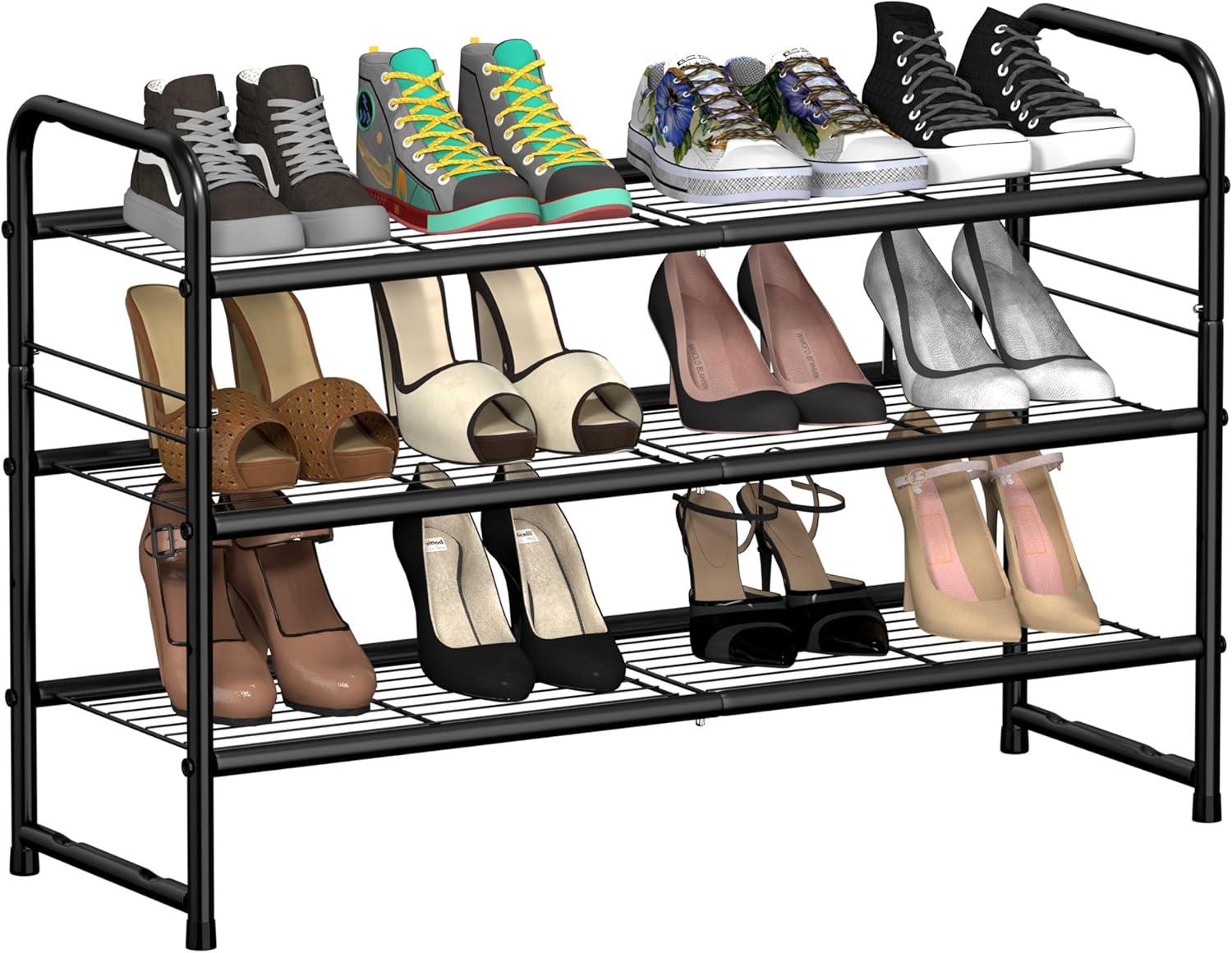 Black 3-Tier Freestanding Metal Shoe Rack for 24 Pairs