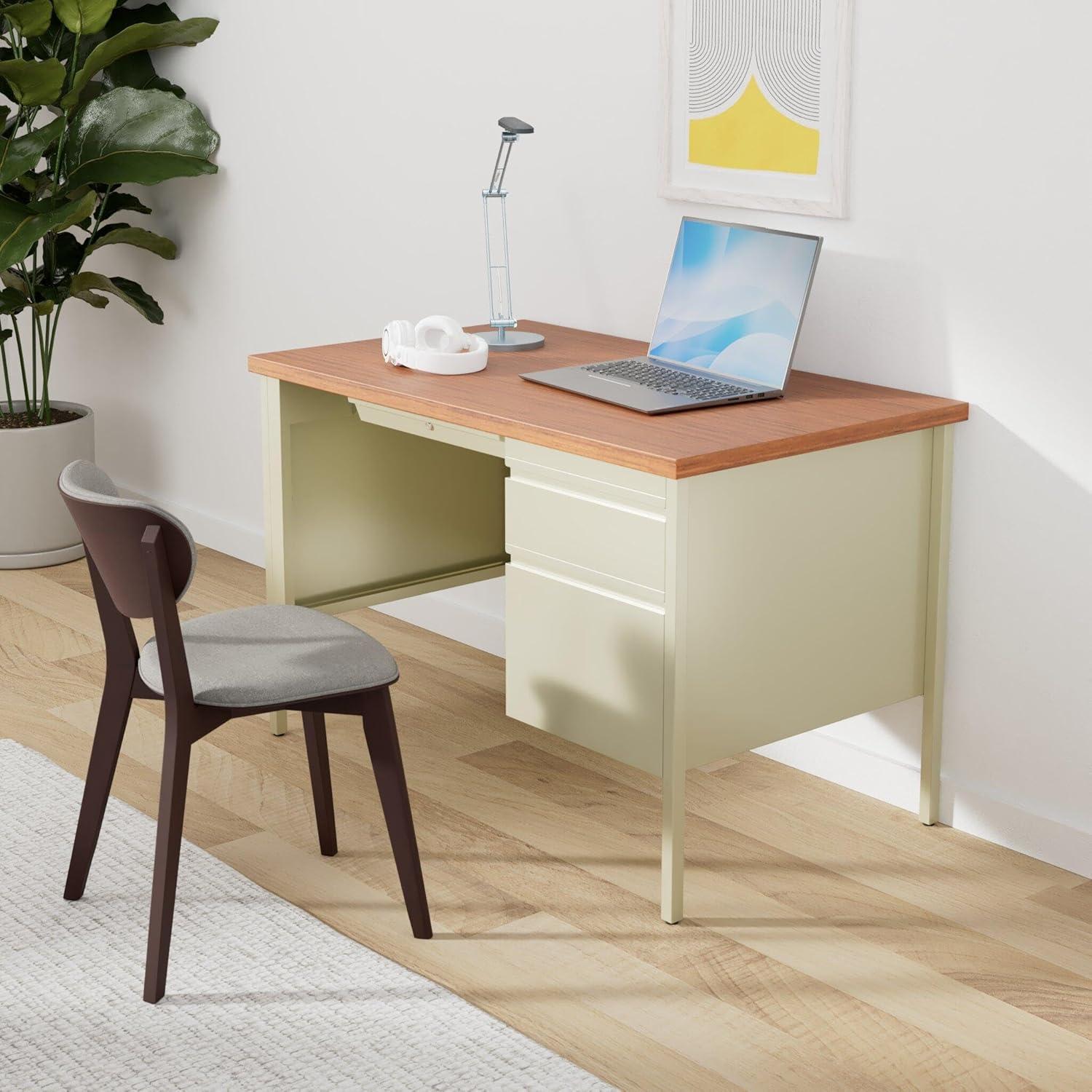 Mahogany and Beige Executive Desk with Filing Cabinet