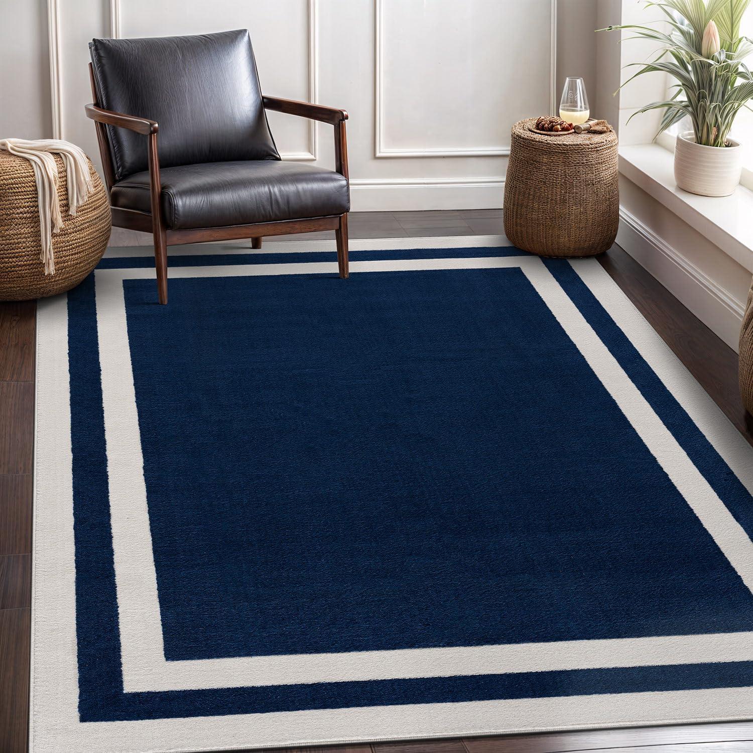 CAMILSON Crystal Navy Blue Area Rug, 6'7"x9' Bordered, for Living Room, Bedroom, Dining Room Navy Blue / Cream Indoor Area Rugs