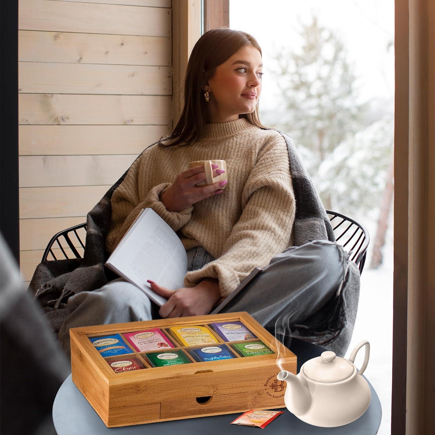 Bamboo Tea Bag Organizer - Tea Organizer: Wooden Tea Box with 8 Compartments, Acrylic Window, and Magnetic Lid, Keeps Tea Bags Fresh - Great Gift Idea