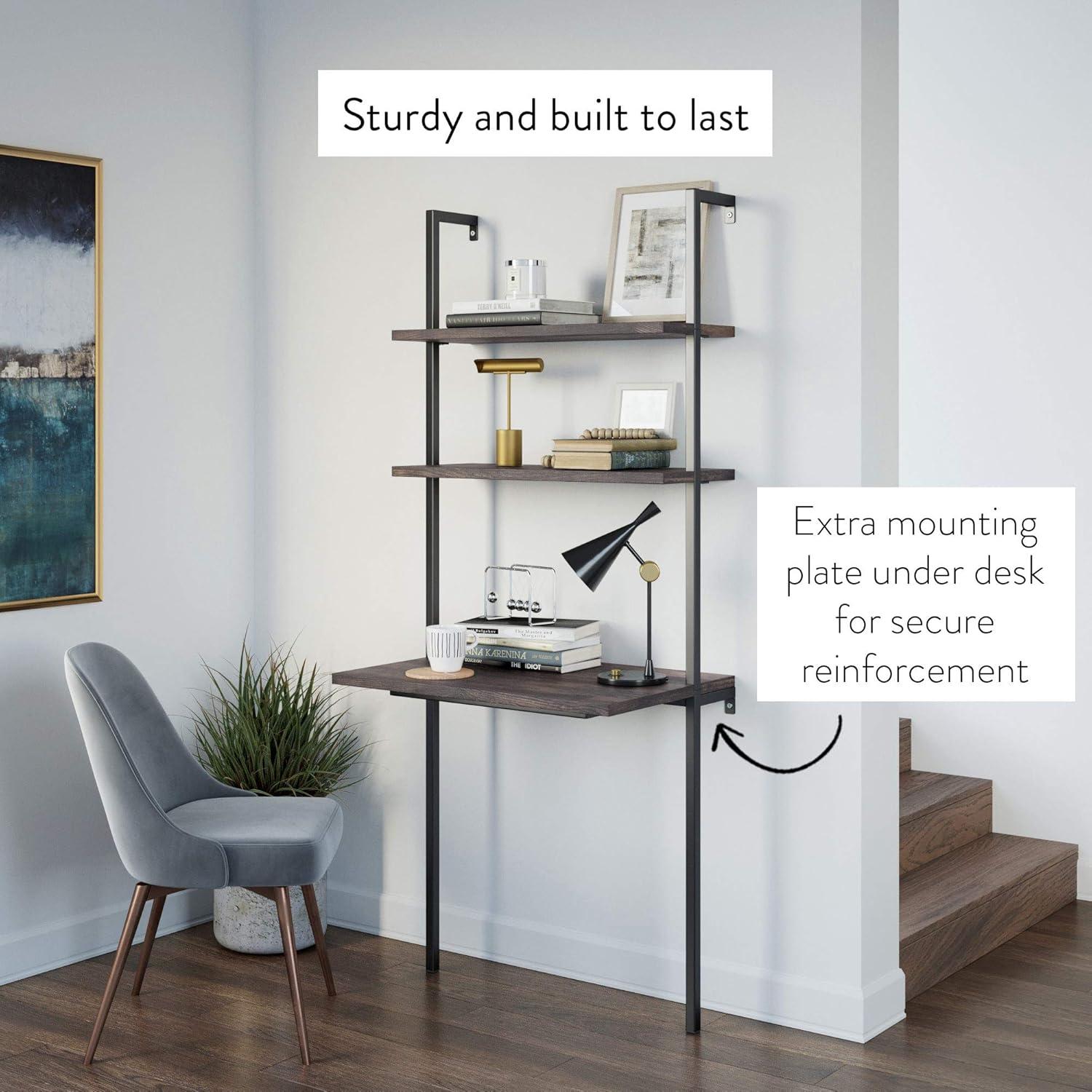 Theo 2-Shelf Industrial Wall Mount Ladder Table, Small Computer Desk, Nutmeg/Matte Black
