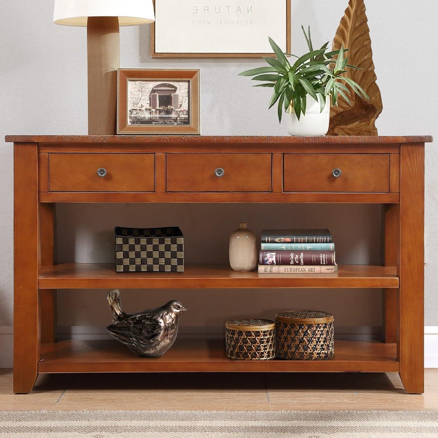 Quarte 48'' Solid Wood Console Table, Modern Entryway Sofa Side Table with 3 Storage Drawers and 2 Shelves. Easy to Assemble