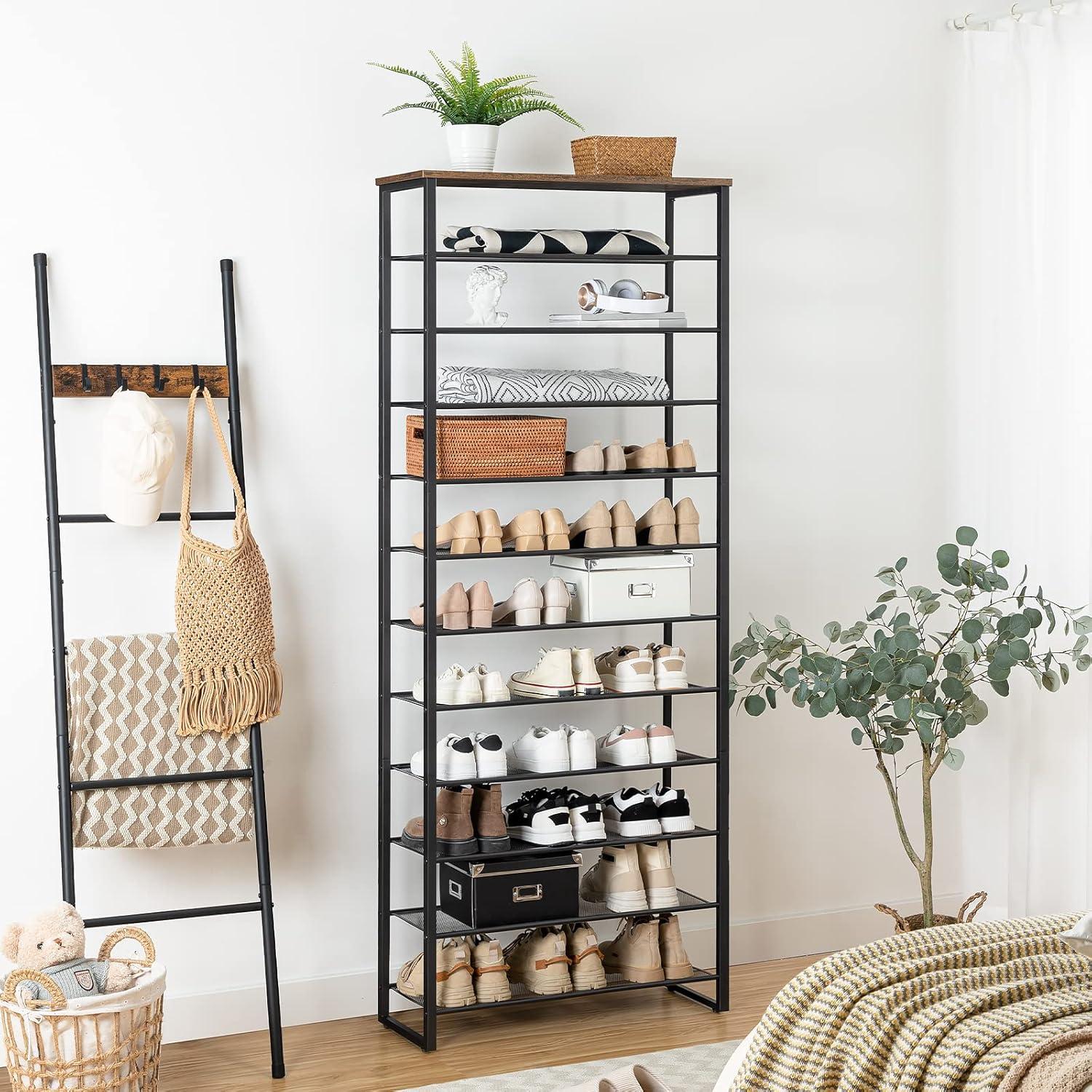 Rustic Brown and Black 12-Tier Metal and Wood Shoe Rack