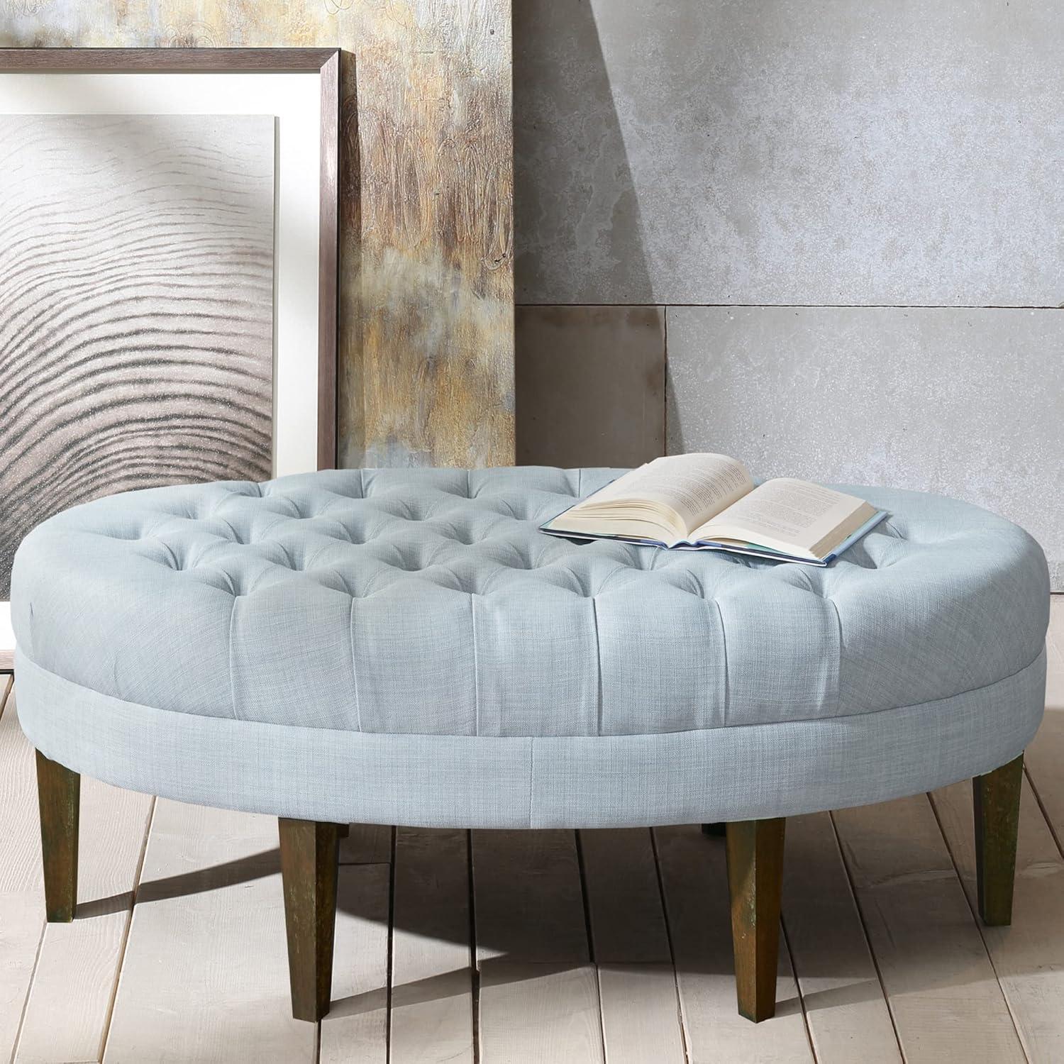 Dusty Blue Tufted Oval Wood Frame Ottoman