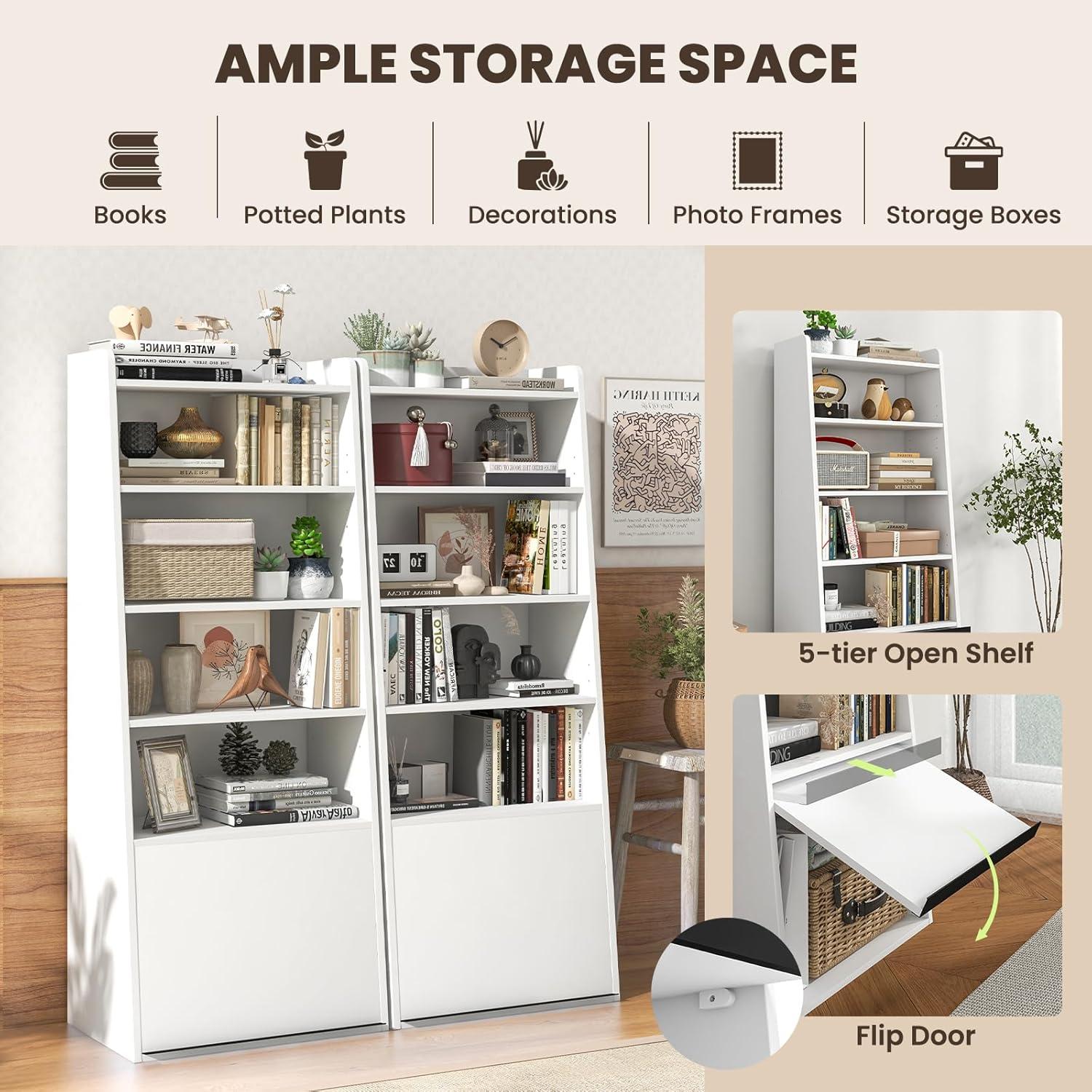 Tangkula 6-tier Bookcase w/ 2 Adjustable Shelves Filp-up Door 5 Open Shelves Bedroom White
