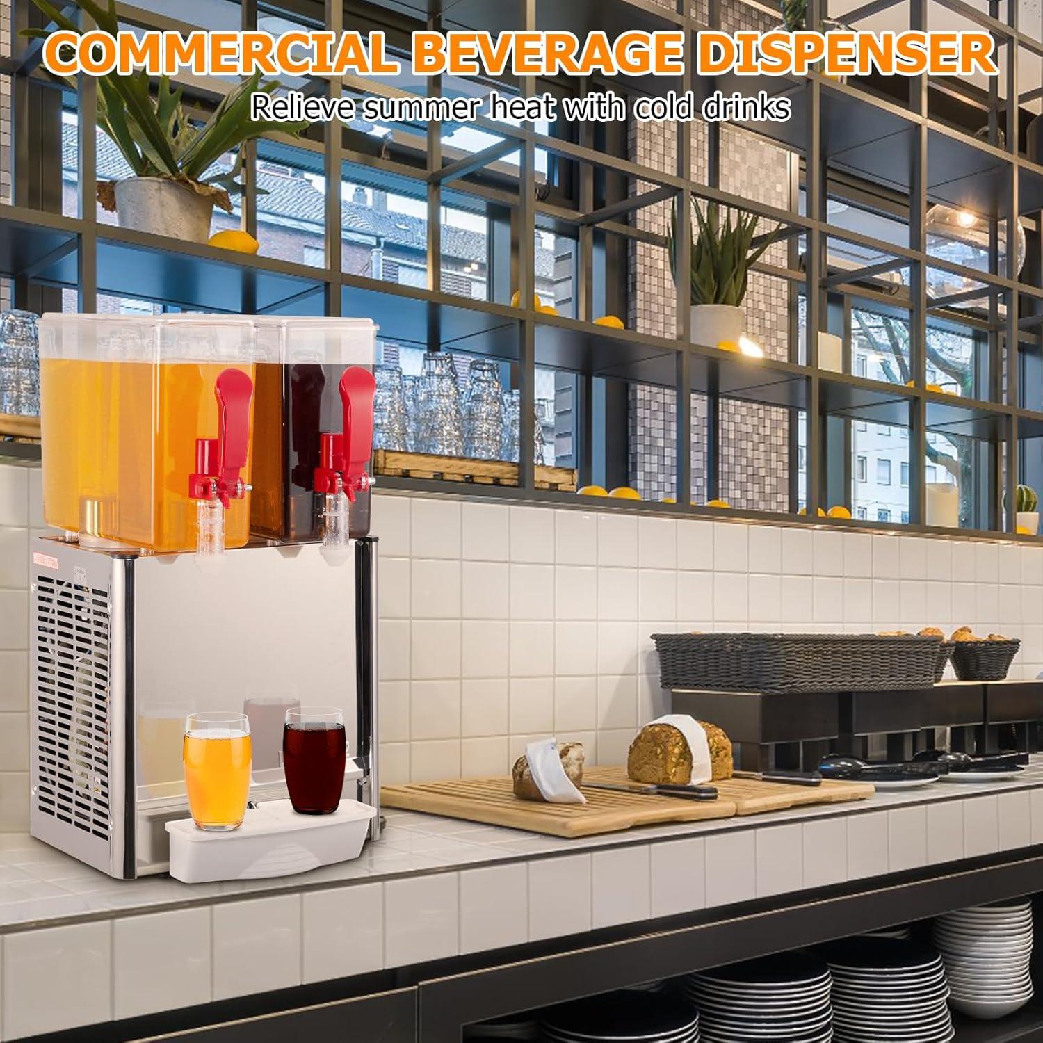 Commercial Beverage Dispenser, Towallmark 2 Tanks 5.28 Gallon 20L Commercial Juice Dispenser, 10 Liter Per Tank, 280W Stainless Steel Food Grade Ice Tea Drink Dispenser with Thermostat Controller
