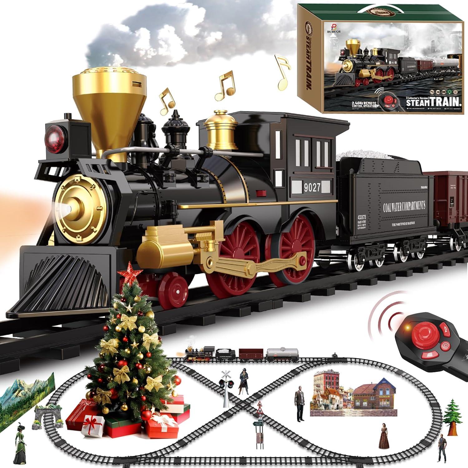 Train Set for Kids Remote Control Christmas Train Toys w/Steam Locomotive,Passenger Carriage & Luxury Tracks, Electric Trains w/Realistic Smoke,Sounds & Lights, Birthday Gift for Boys Girls 3 4 5 6 7