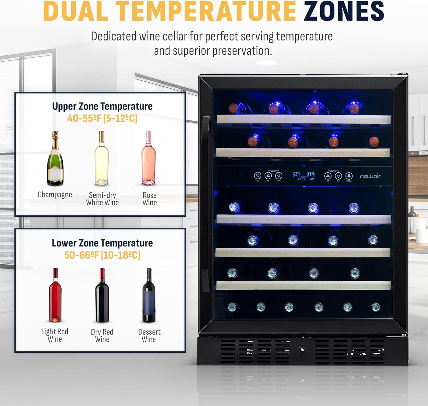 Newair 24 in. 46 Bottle Dual Zone Built-in Wine Refrigerator with Beechwood Shelves and Safety Lock