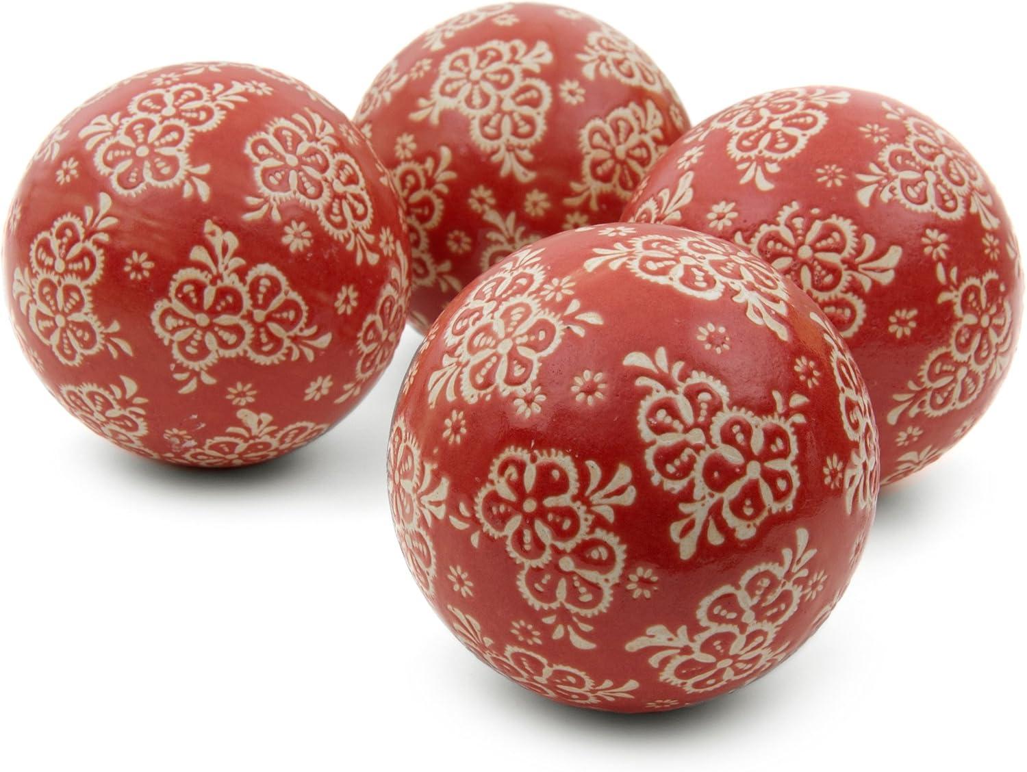 Oriental Furniture 4" Red and Beige Flowers Porcelain Ball Set