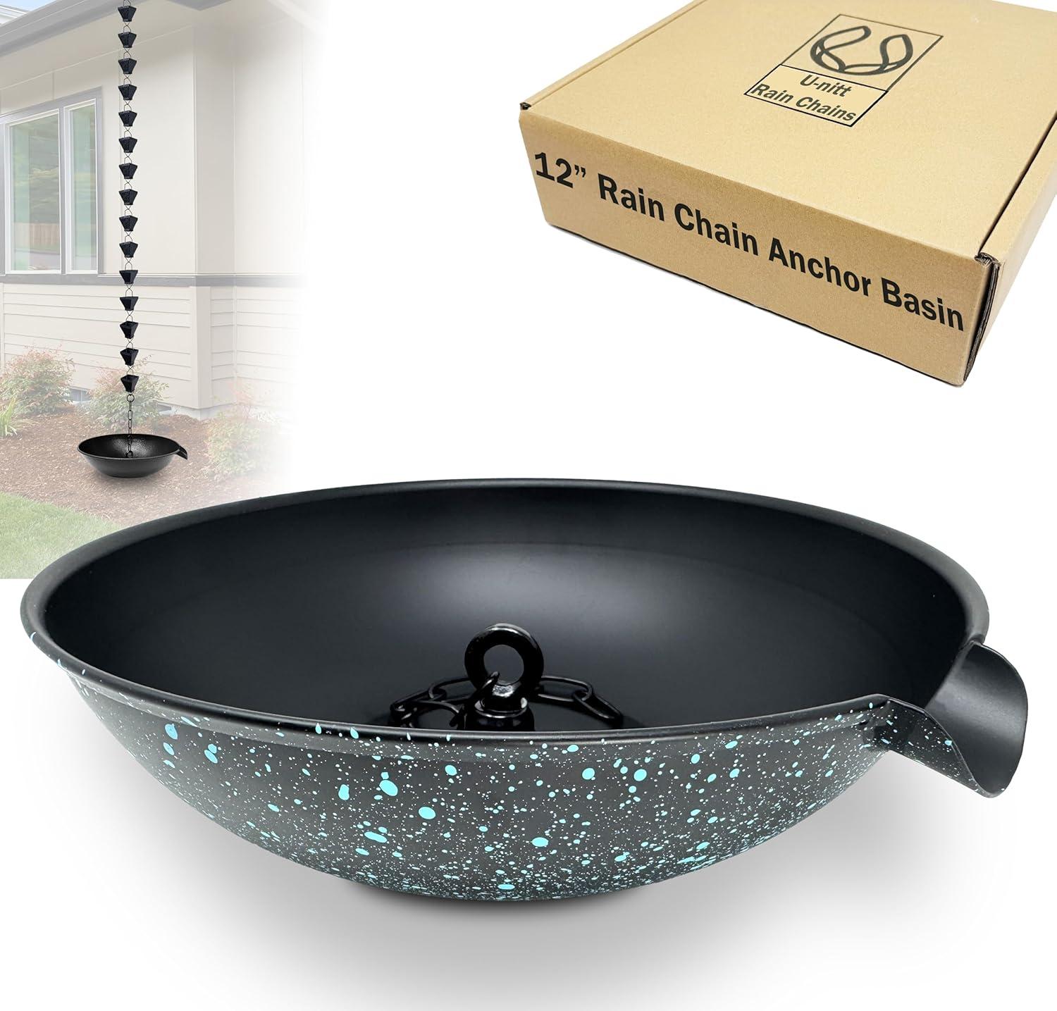 U-nitt 12" Anchoring Basin/Bowl/Dish for Gutter Rain Chain, Spill Bowl for Fountain, with Scupper, Birdbath Alternative, with Attachment Chain, Black Powder Coated with Patina, 972PA