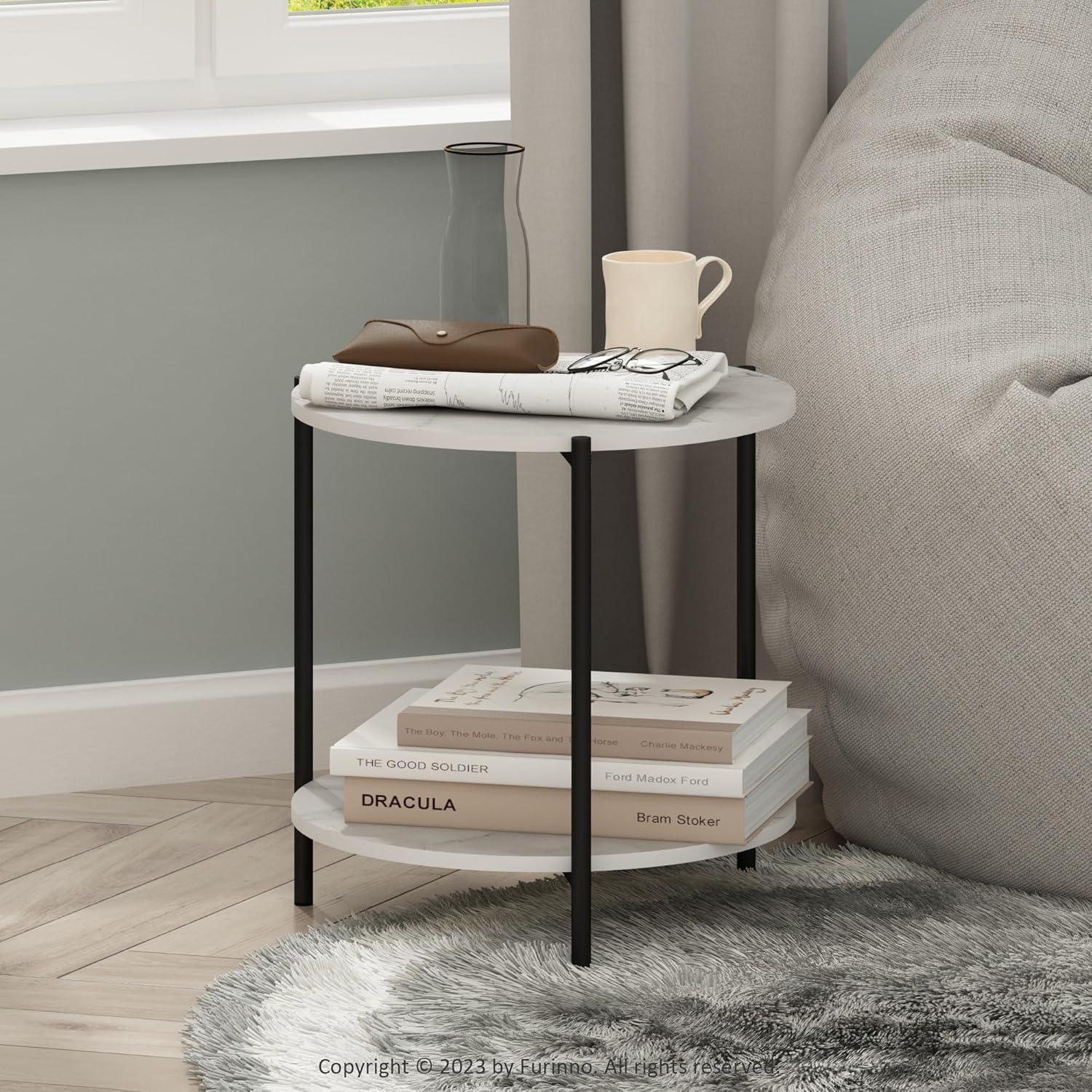 Furinno Besi 2-Tier Modern Round Side End Table with Sturdy Metal Legs, Marble White