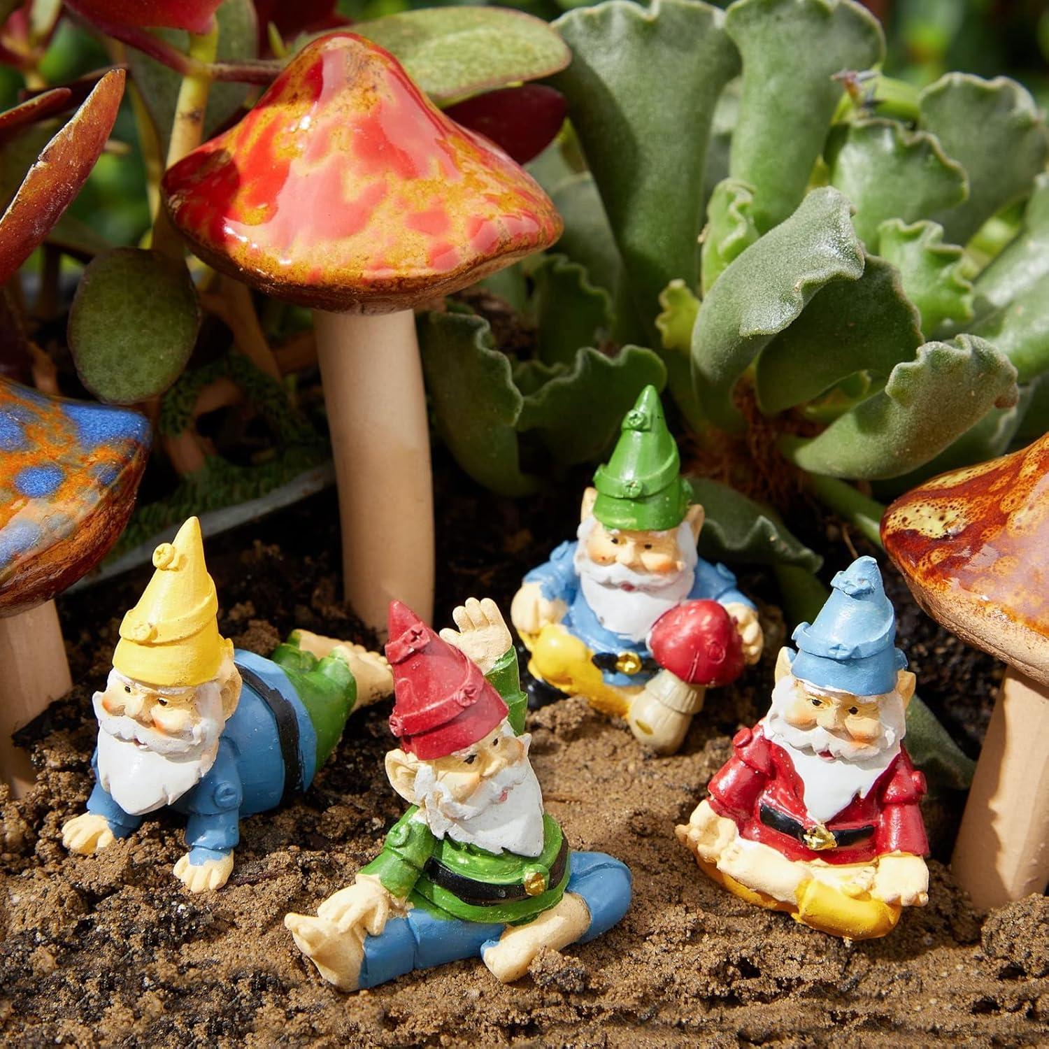 Juvale 4 Pieces Mini Garden Gnomes, Outdoor Fairy Miniature Statue Accessories Set, Decorations in Funny Poses, Yard Ornaments for Yoga Gifts, Planter