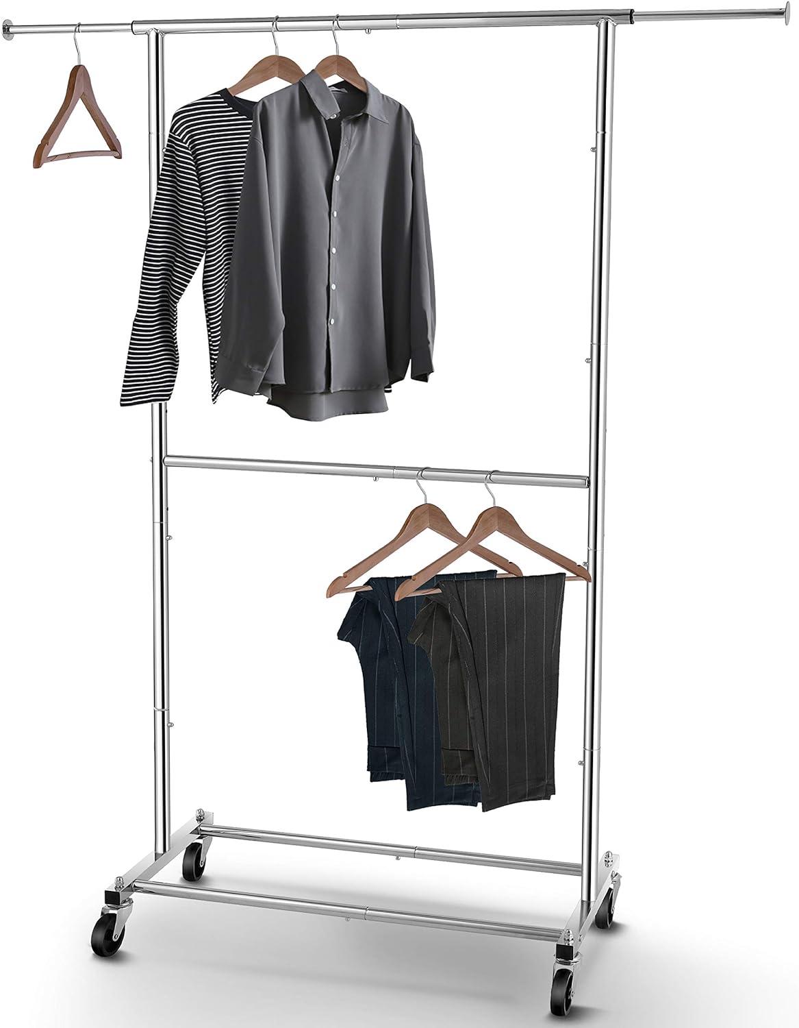 Chrome Double Rod Rolling Garment Rack with Adjustable Height